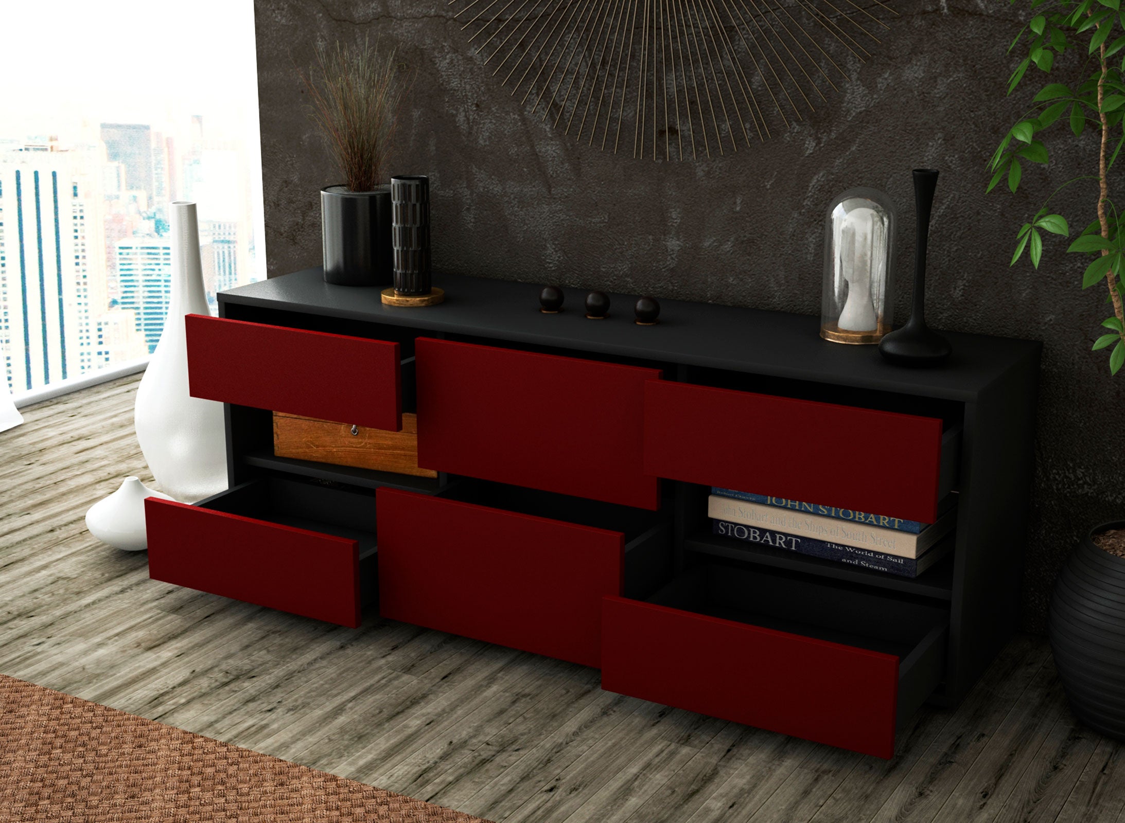 Lowboard - Anni - Design Farbakzent - Freistehend mit Push to Open 136 cm Anthrazit