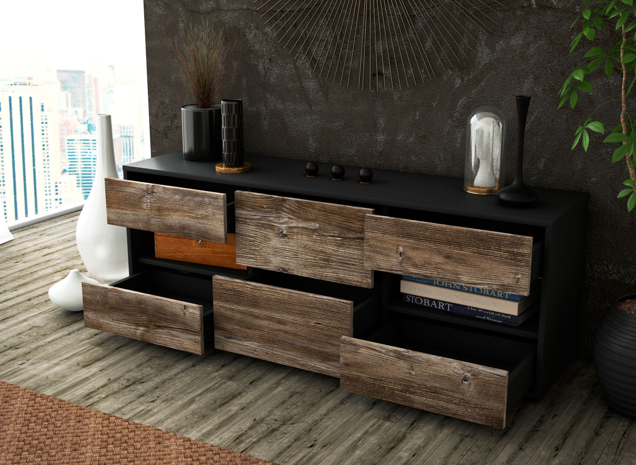 Lowboard - Anni - Design Holzdekor - Freistehend mit Push to Open 136 cm Anthrazit