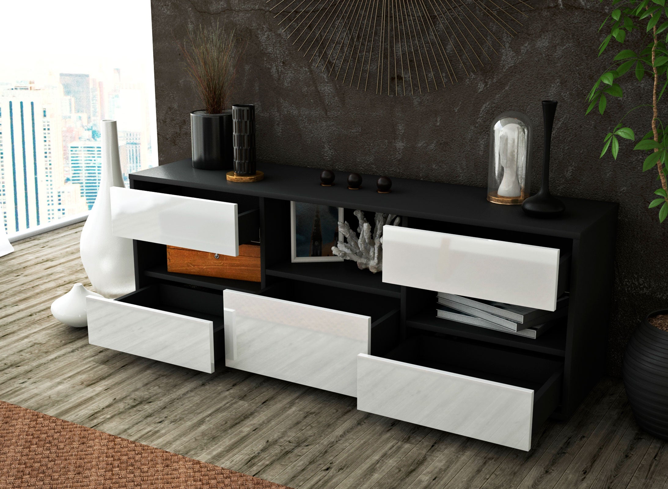 Lowboard - Annunziata - Design Hochglanz - Freistehend mit Push to Open 136 cm Anthrazit