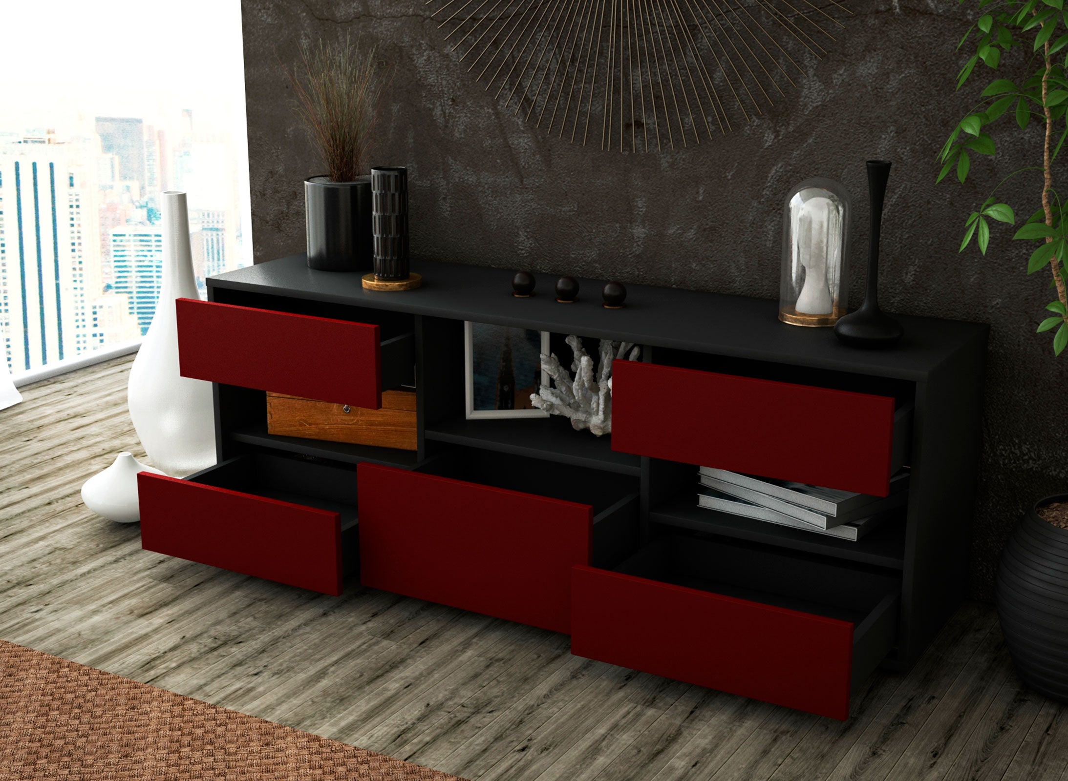 Lowboard - Annunziata - Design Farbakzent - Freistehend mit Push to Open 136 cm Anthrazit