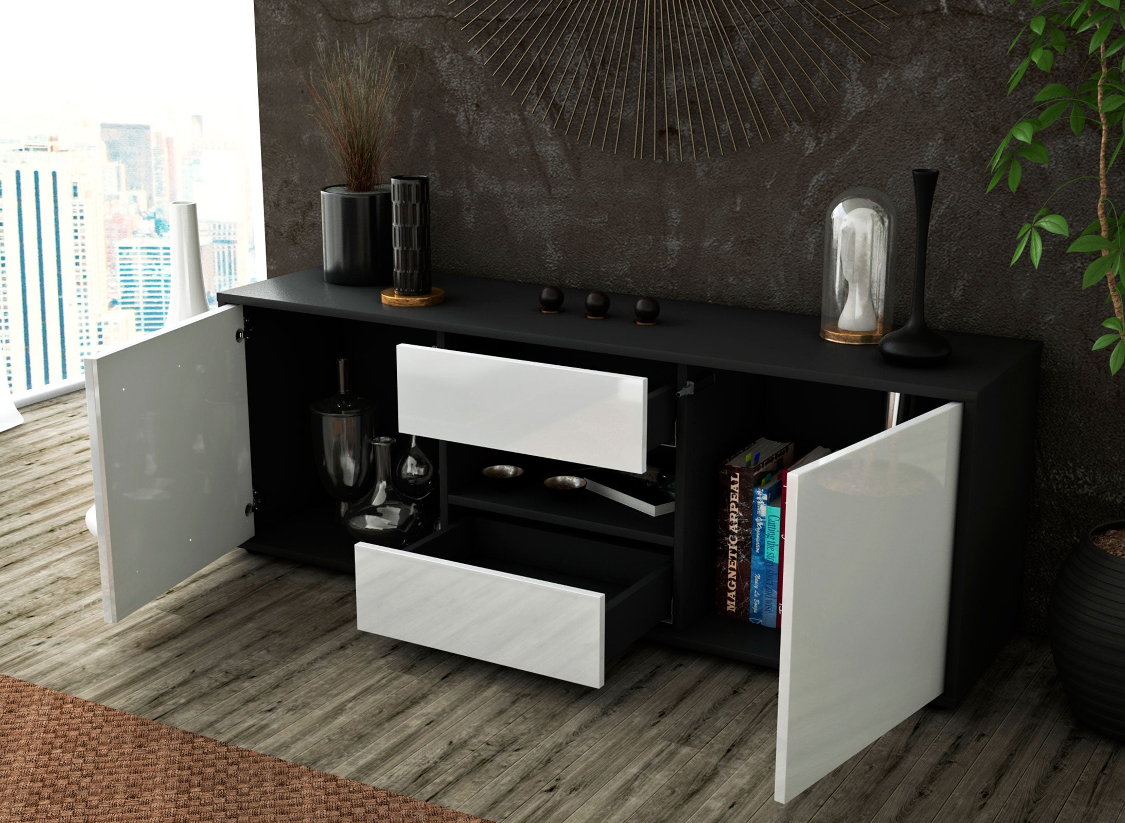 Lowboard - Antonella - Design Hochglanz - Freistehend mit Push to Open 136 cm Anthrazit