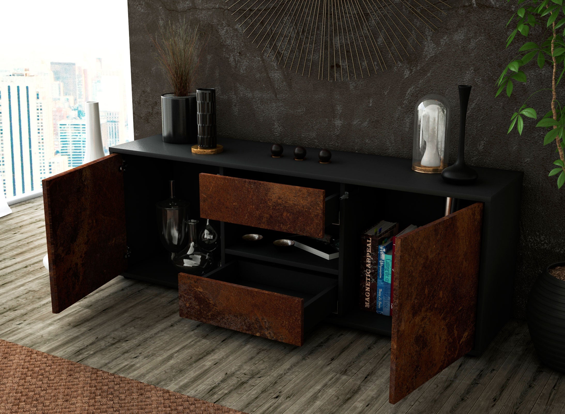 Lowboard - Antonella - Design Industrie Stil - Freistehend mit Push to Open 136 cm Anthrazit