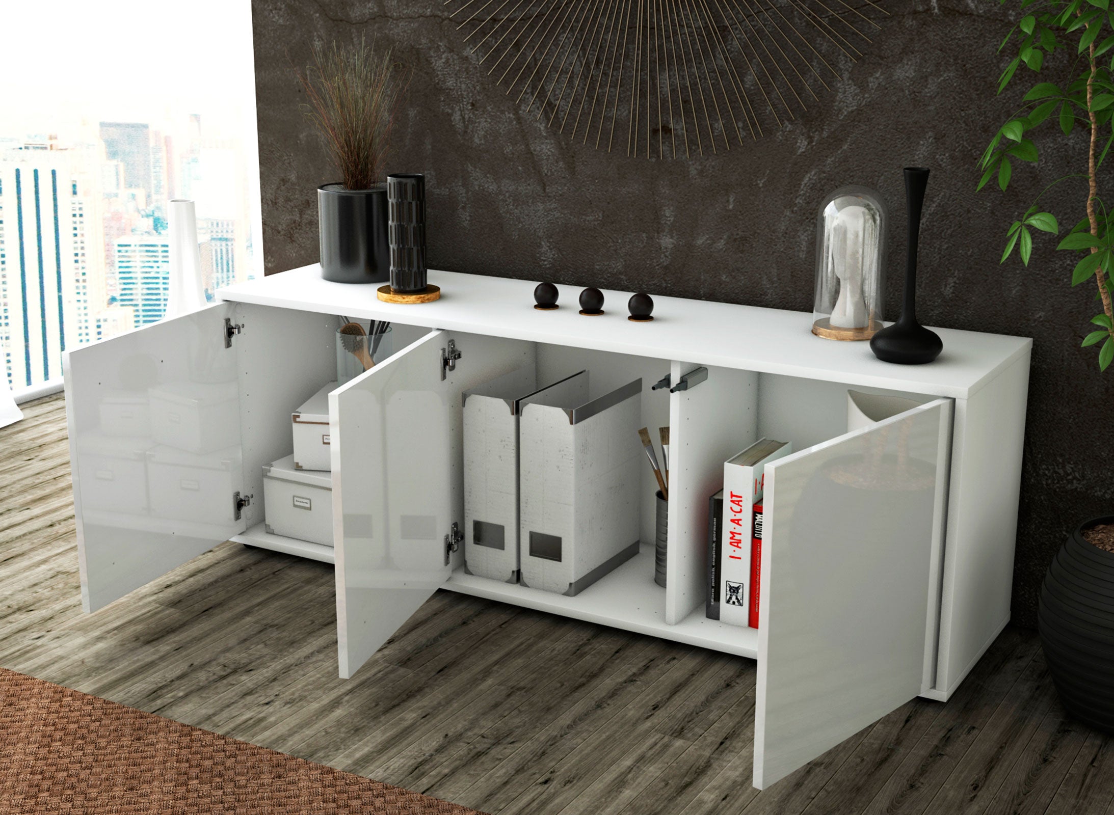 Lowboard - Allegra - Design Hochglanz - Freistehend mit Push to Open 136 cm Weiss