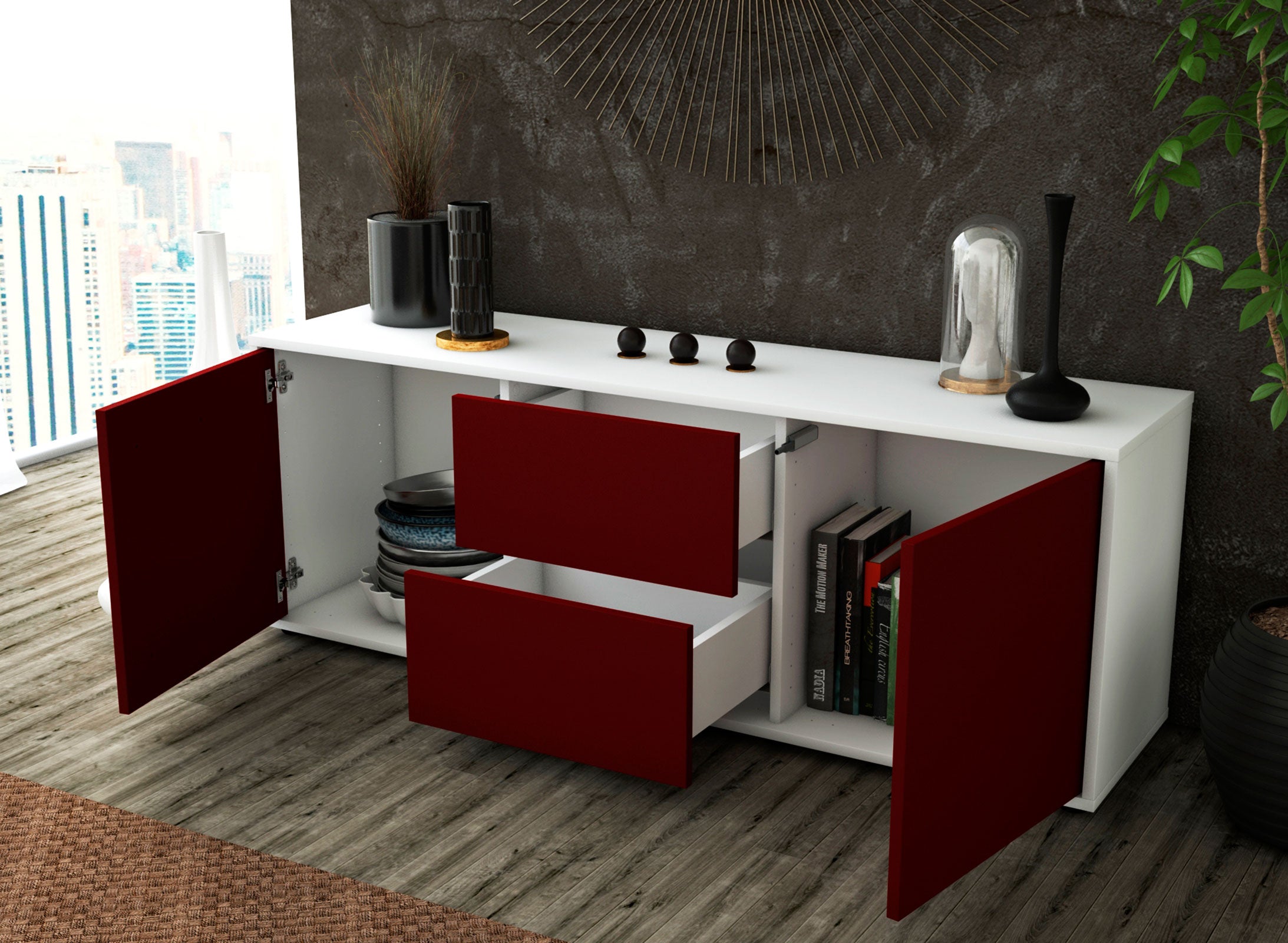 Lowboard - Alma - Design Farbakzent - Freistehend mit Push to Open 136 cm Weiss