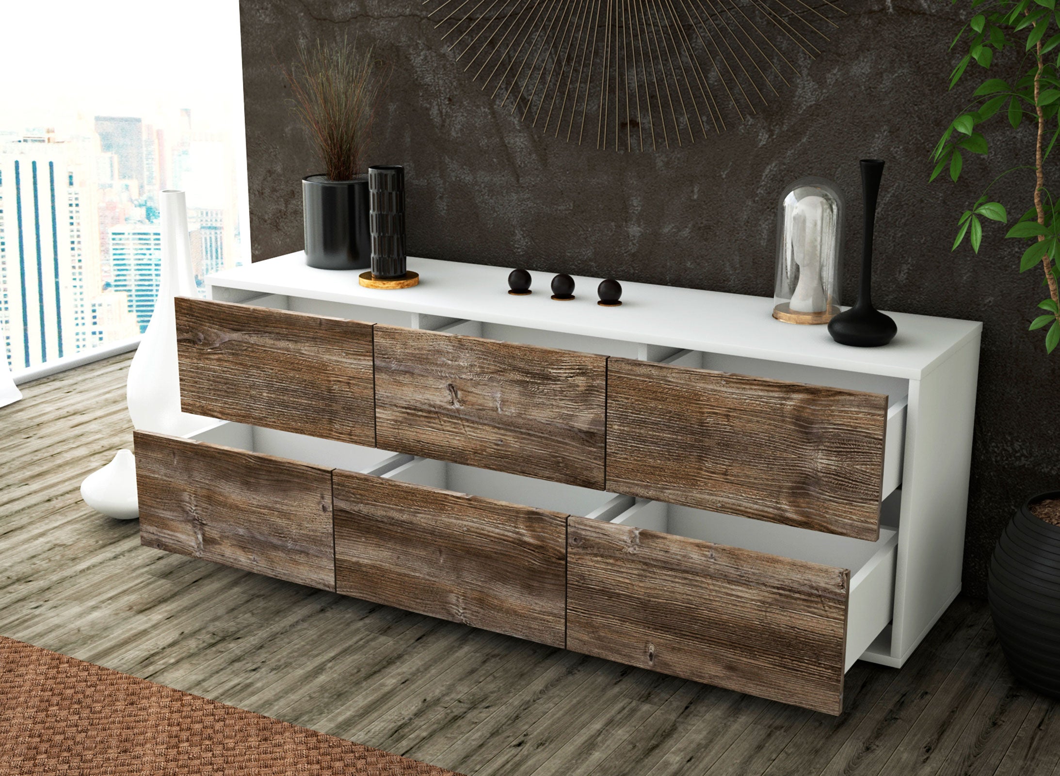 Lowboard - Alva - Design Holzdekor - Freistehend mit Push to Open 136 cm Weiss
