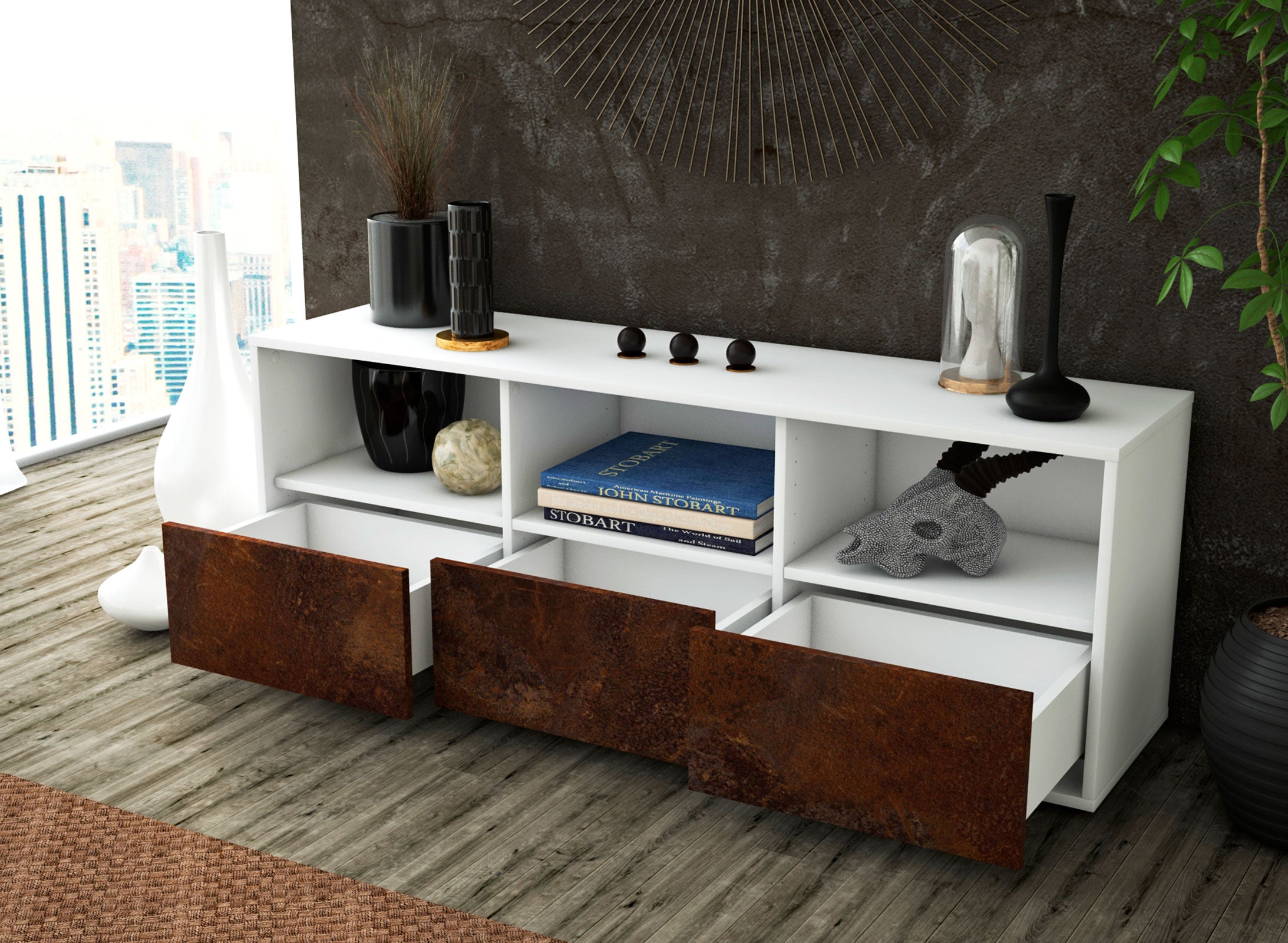 Lowboard - Amalia - Design Industrie Stil - Freistehend mit Push to Open 136 cm Weiss