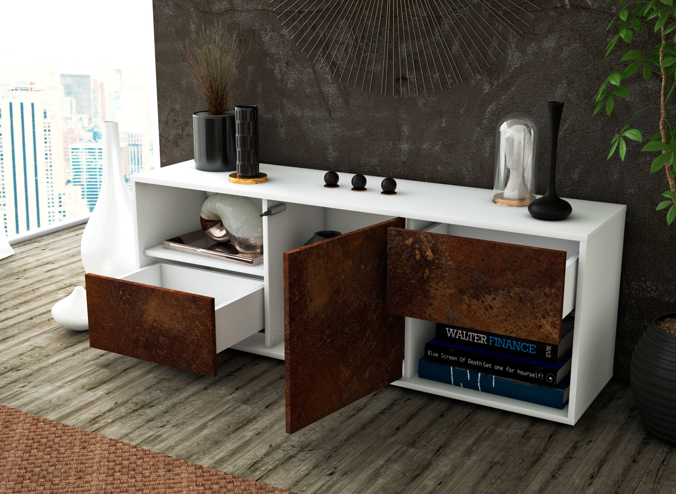 Lowboard - Ambra - Design Industrie Stil - Freistehend mit Push to Open 136 cm Weiss