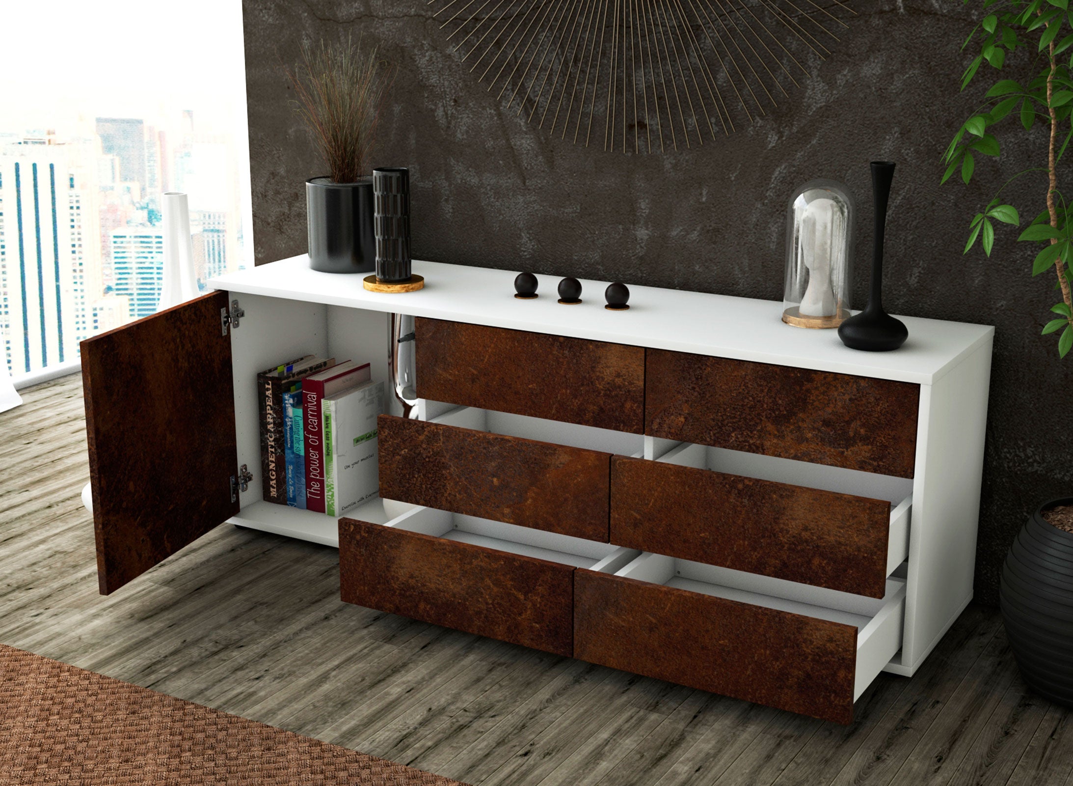 Lowboard - Amedea - Design Industrie Stil - Freistehend mit Push to Open 136 cm Weiss