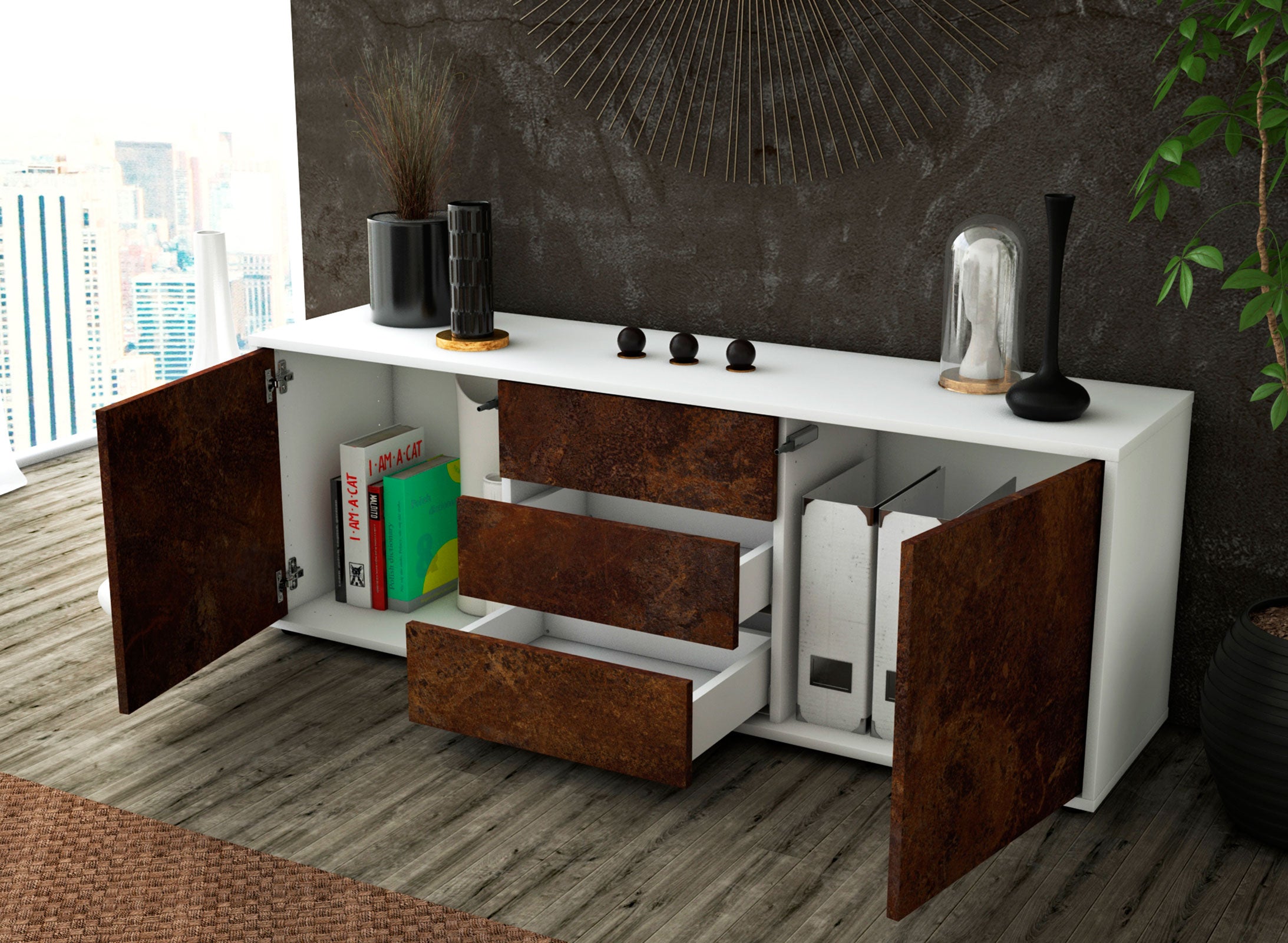 Lowboard - Ameline - Design Industrie Stil - Freistehend mit Push to Open 136 cm Weiss