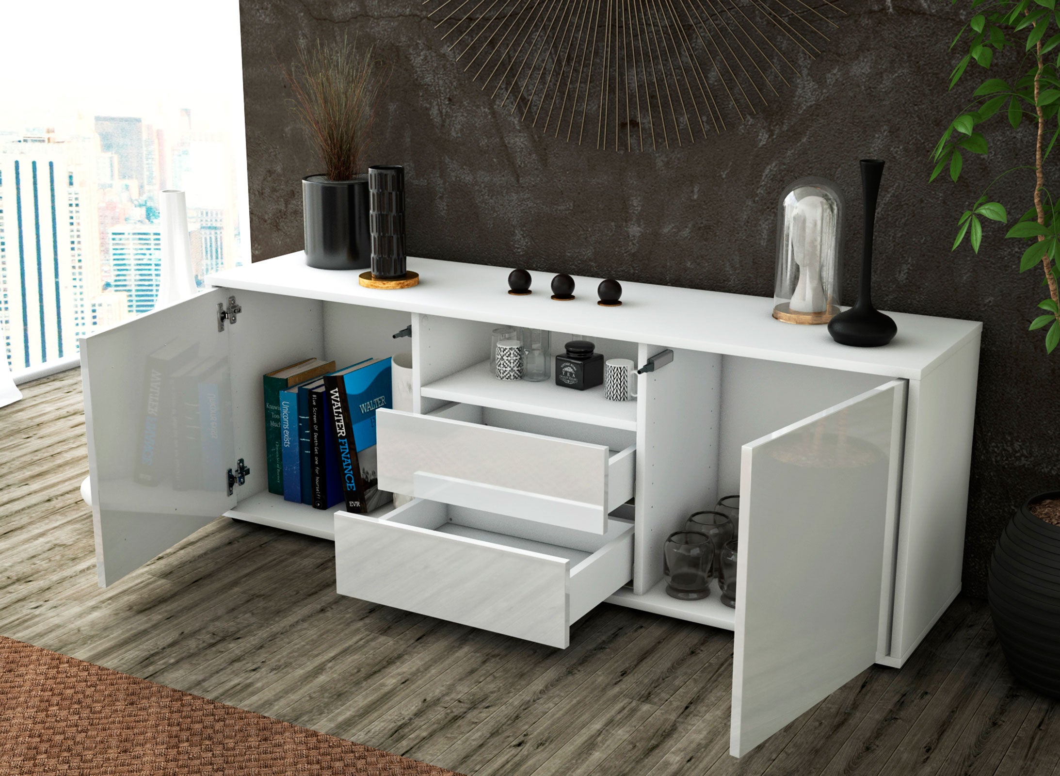 Lowboard - Ameriga - Design Hochglanz - Freistehend mit Push to Open 136 cm Weiss