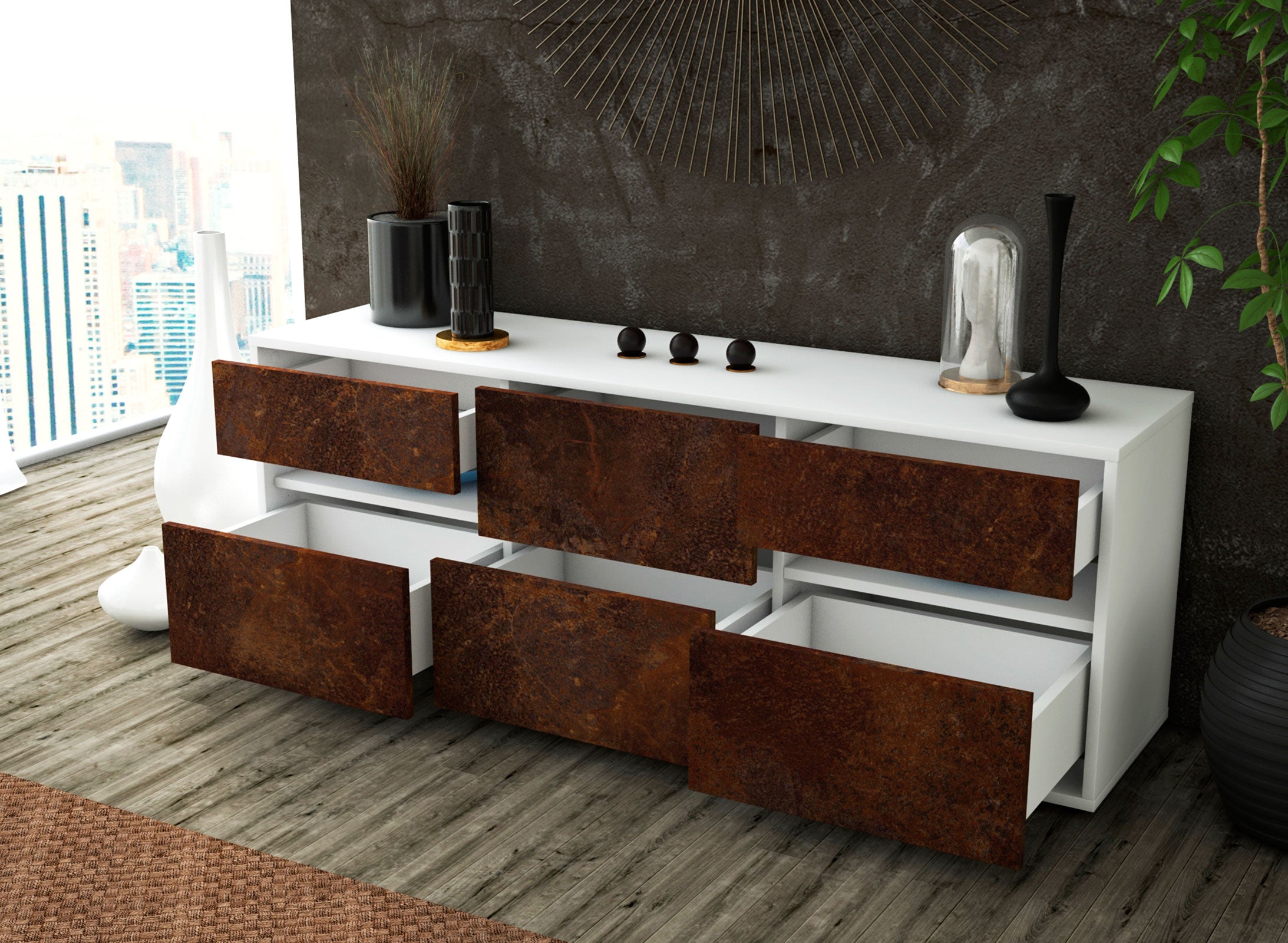 Lowboard - Andrea - Design Industrie Stil - Freistehend mit Push to Open 136 cm Weiss