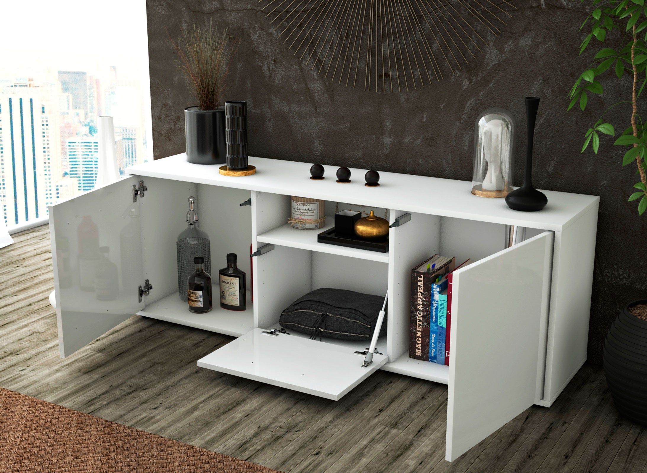 Lowboard - Andreana - Design Hochglanz - Freistehend mit Push to Open 136 cm Weiss