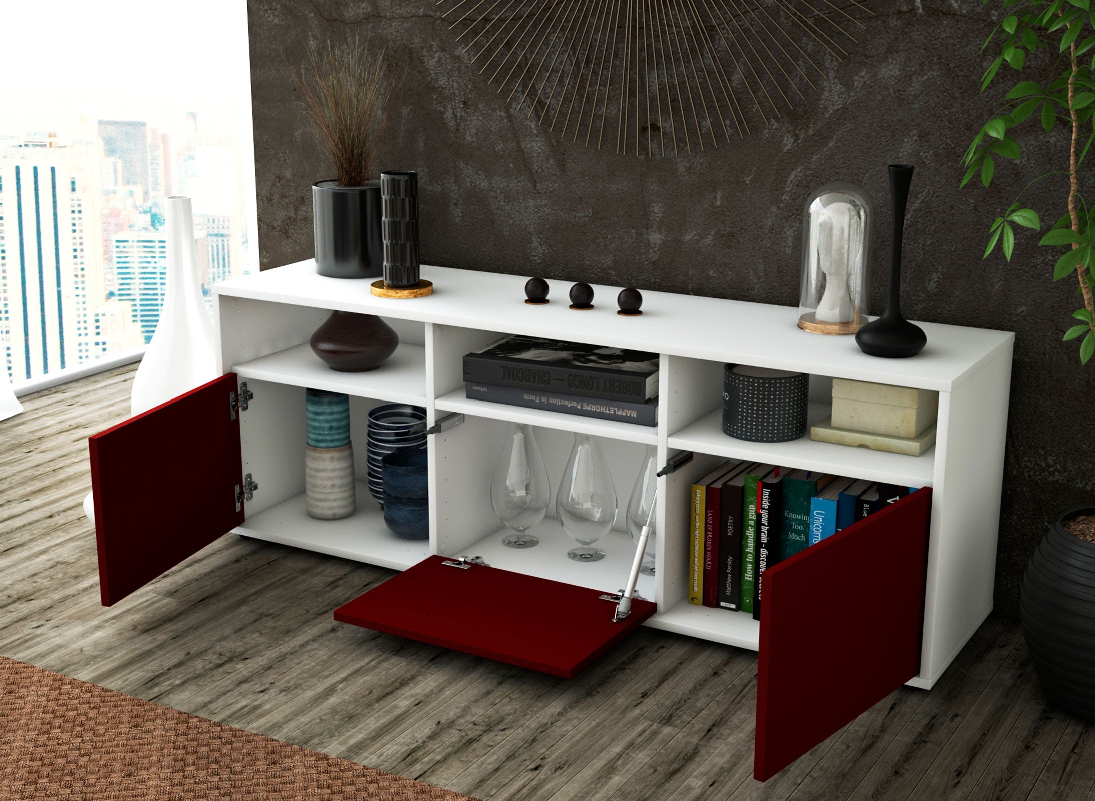Lowboard - Andrina - Design Farbakzent - Freistehend mit Push to Open 136 cm Weiss