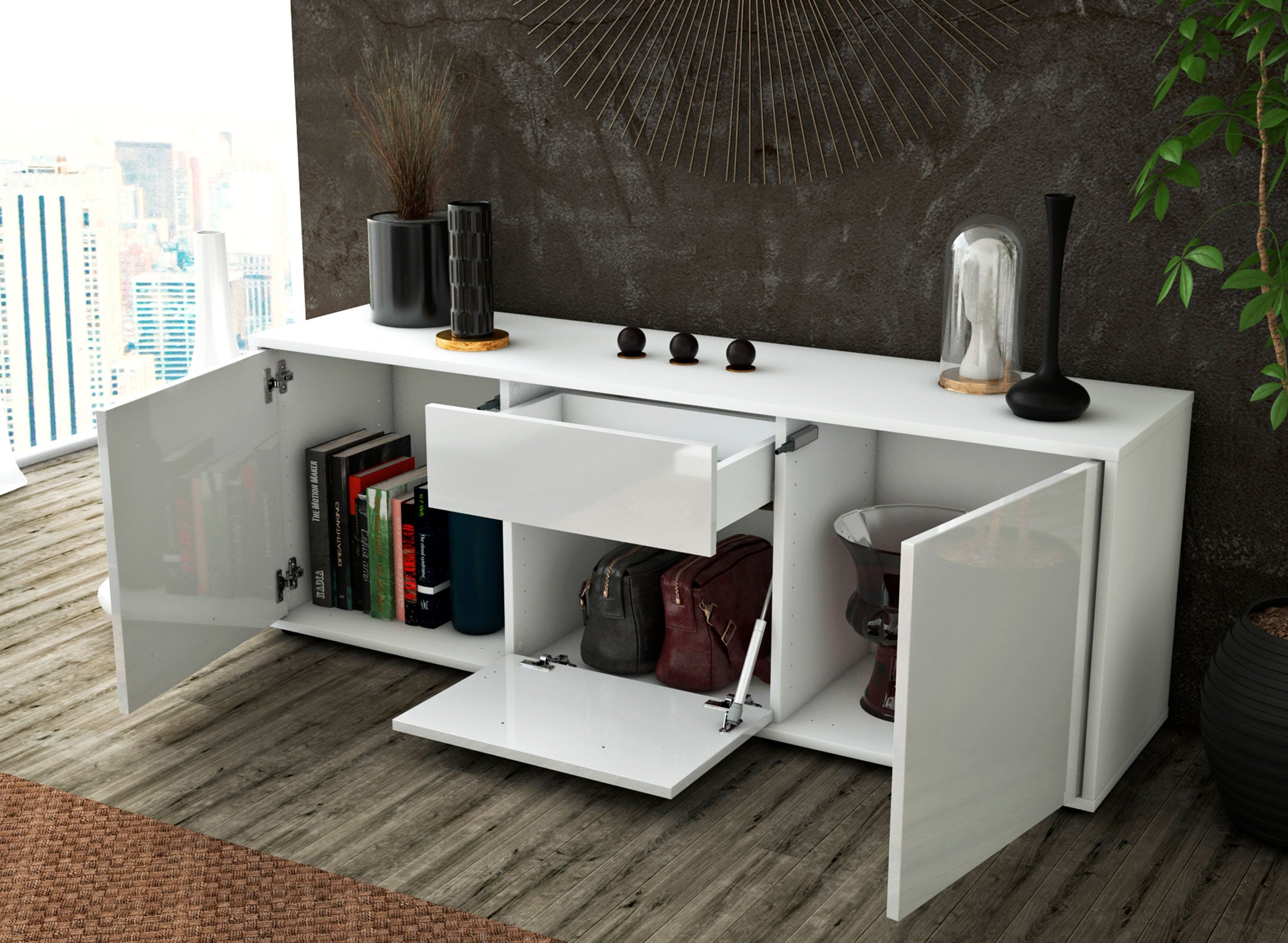 Lowboard - Anella - Design Hochglanz - Freistehend mit Push to Open 136 cm Weiss