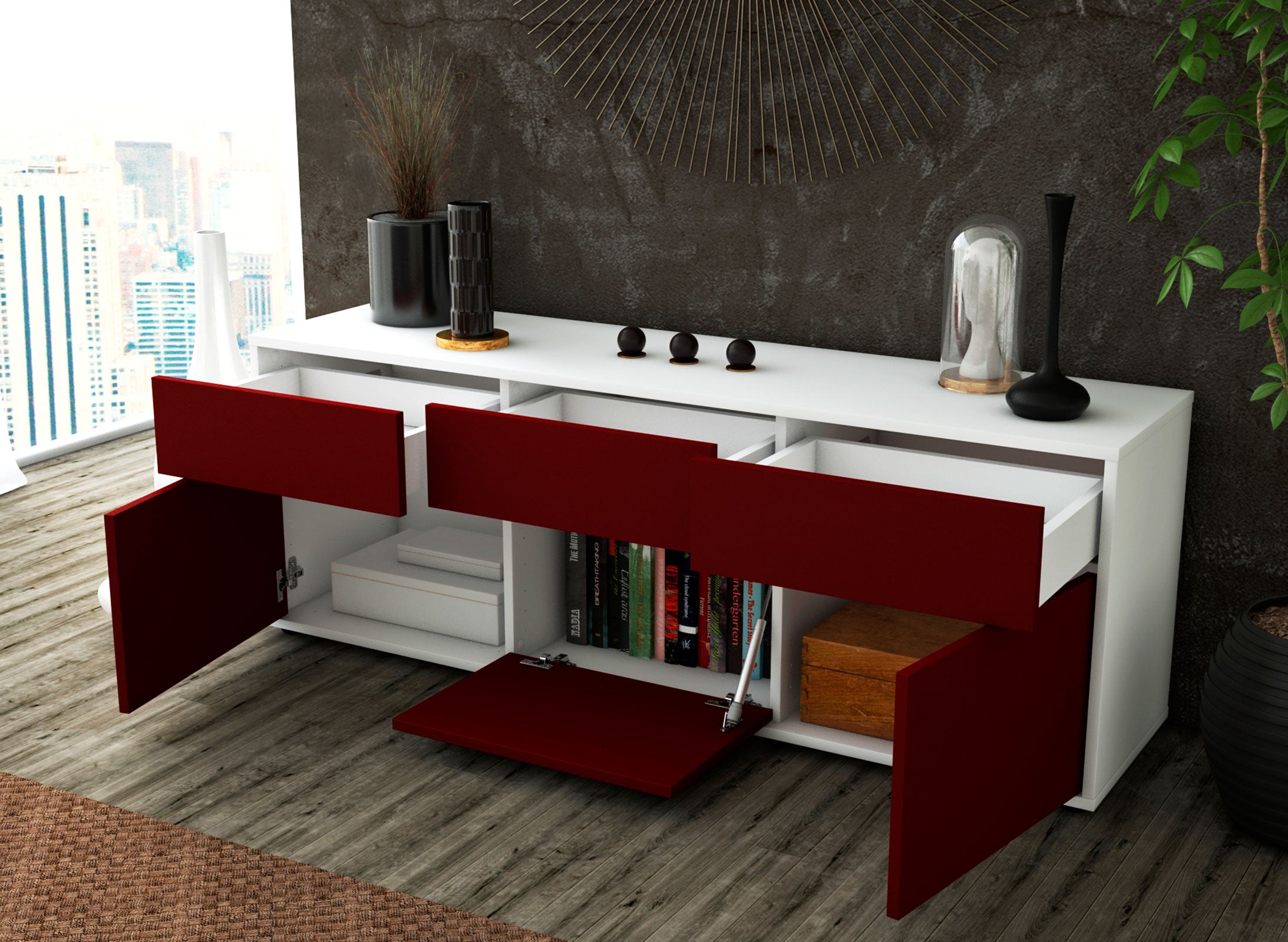 Lowboard - Angela - Design Farbakzent - Freistehend mit Push to Open 136 cm Weiss