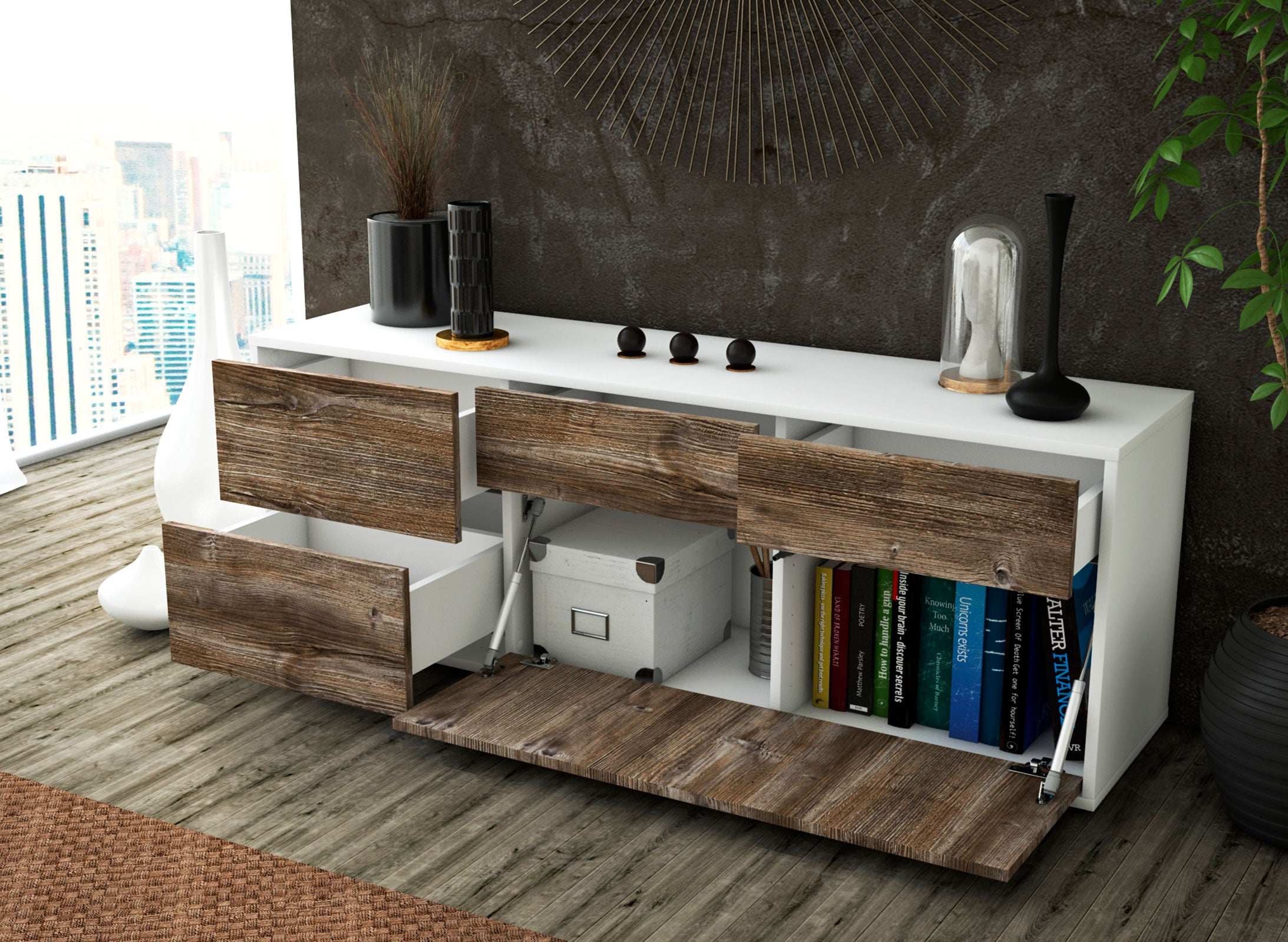 Lowboard - Anna - Design Holzdekor - Freistehend mit Push to Open 136 cm Weiss