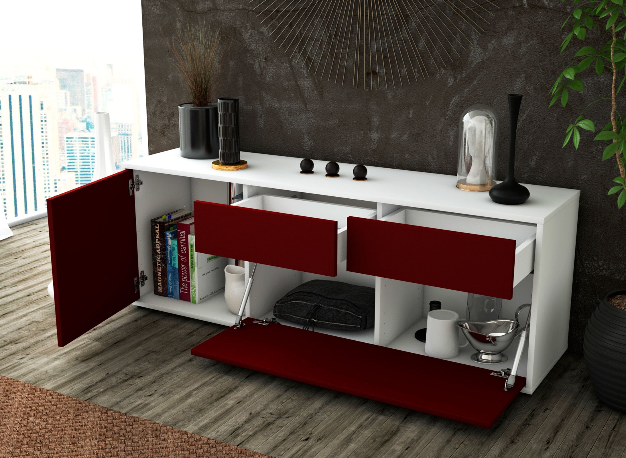Lowboard - Annabell - Design Farbakzent - Freistehend mit Push to Open 136 cm Weiss