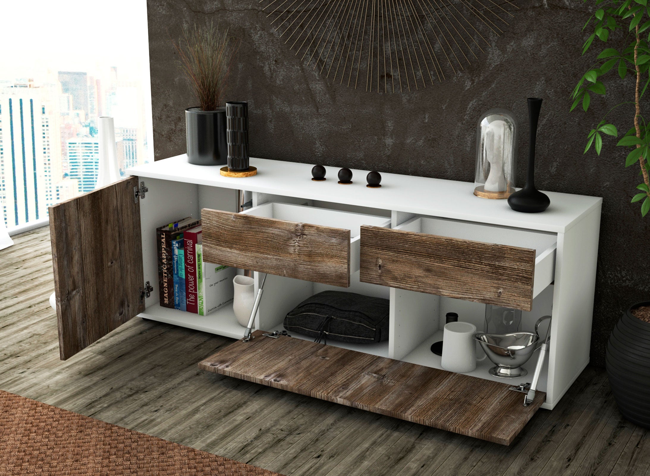 Lowboard - Annabell - Design Holzdekor - Freistehend mit Push to Open 136 cm Weiss