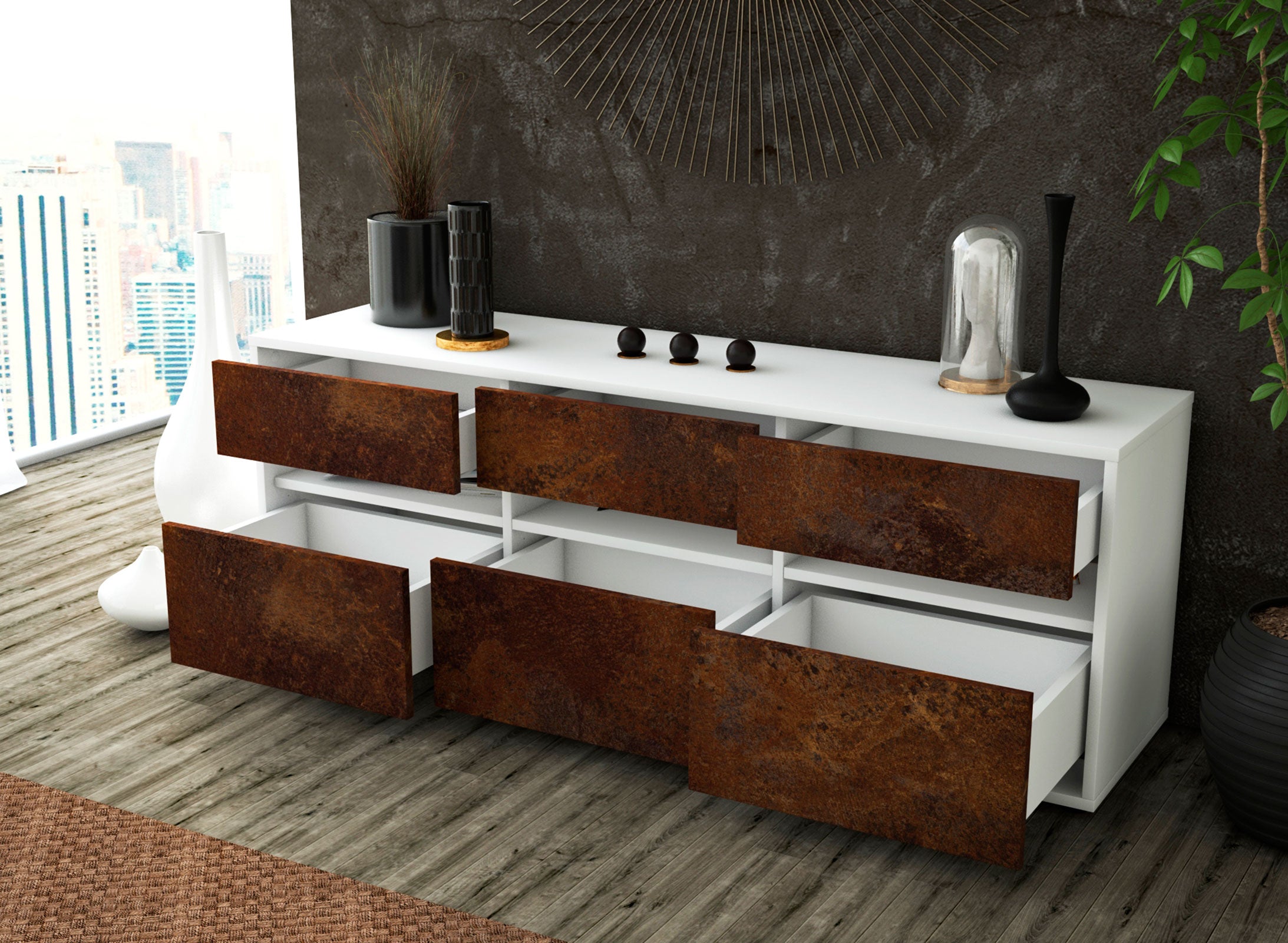 Lowboard - Annalena - Design Industrie Stil - Freistehend mit Push to Open 136 cm Weiss