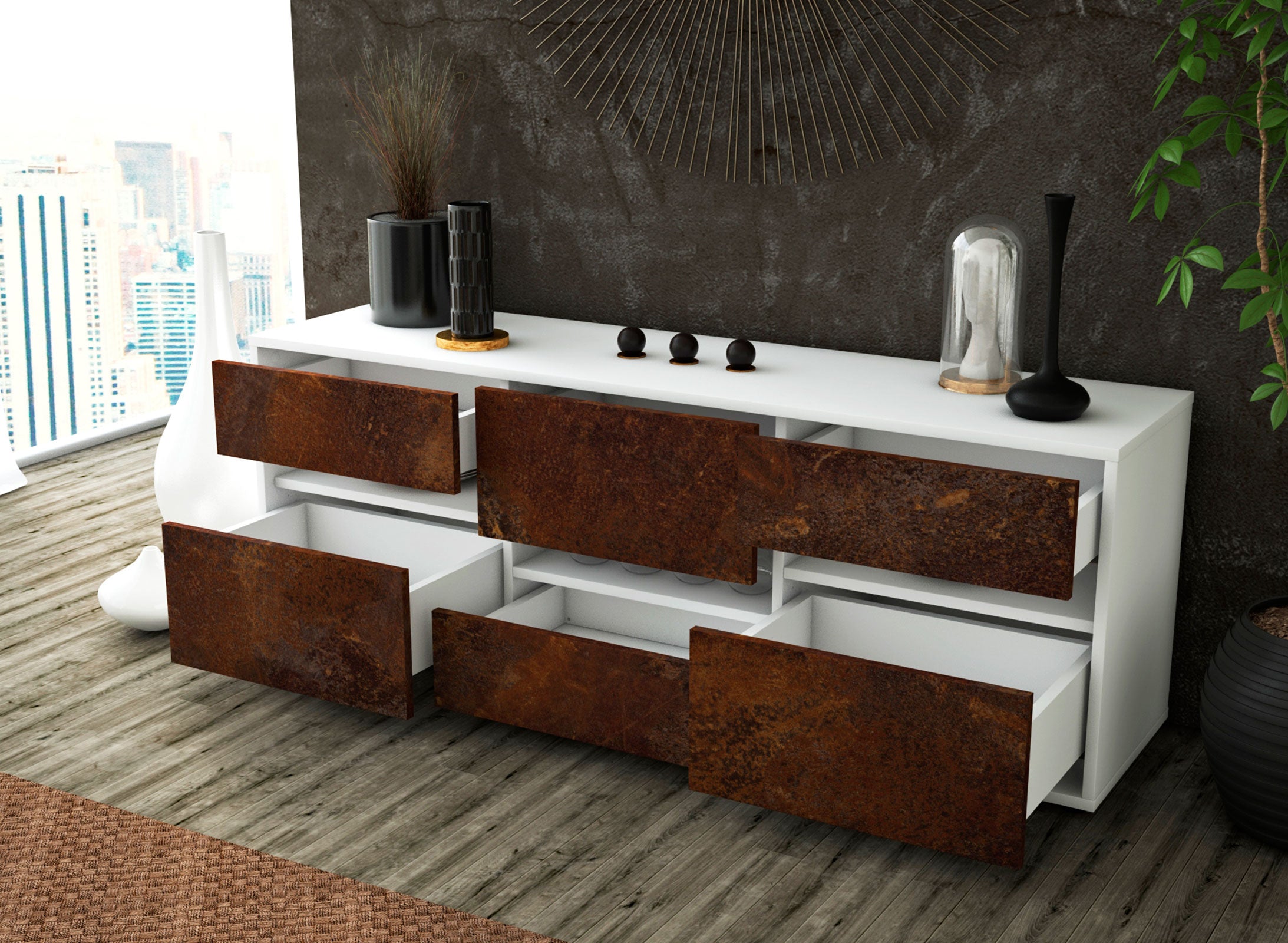 Lowboard - Annalisa - Design Industrie Stil - Freistehend mit Push to Open 136 cm Weiss