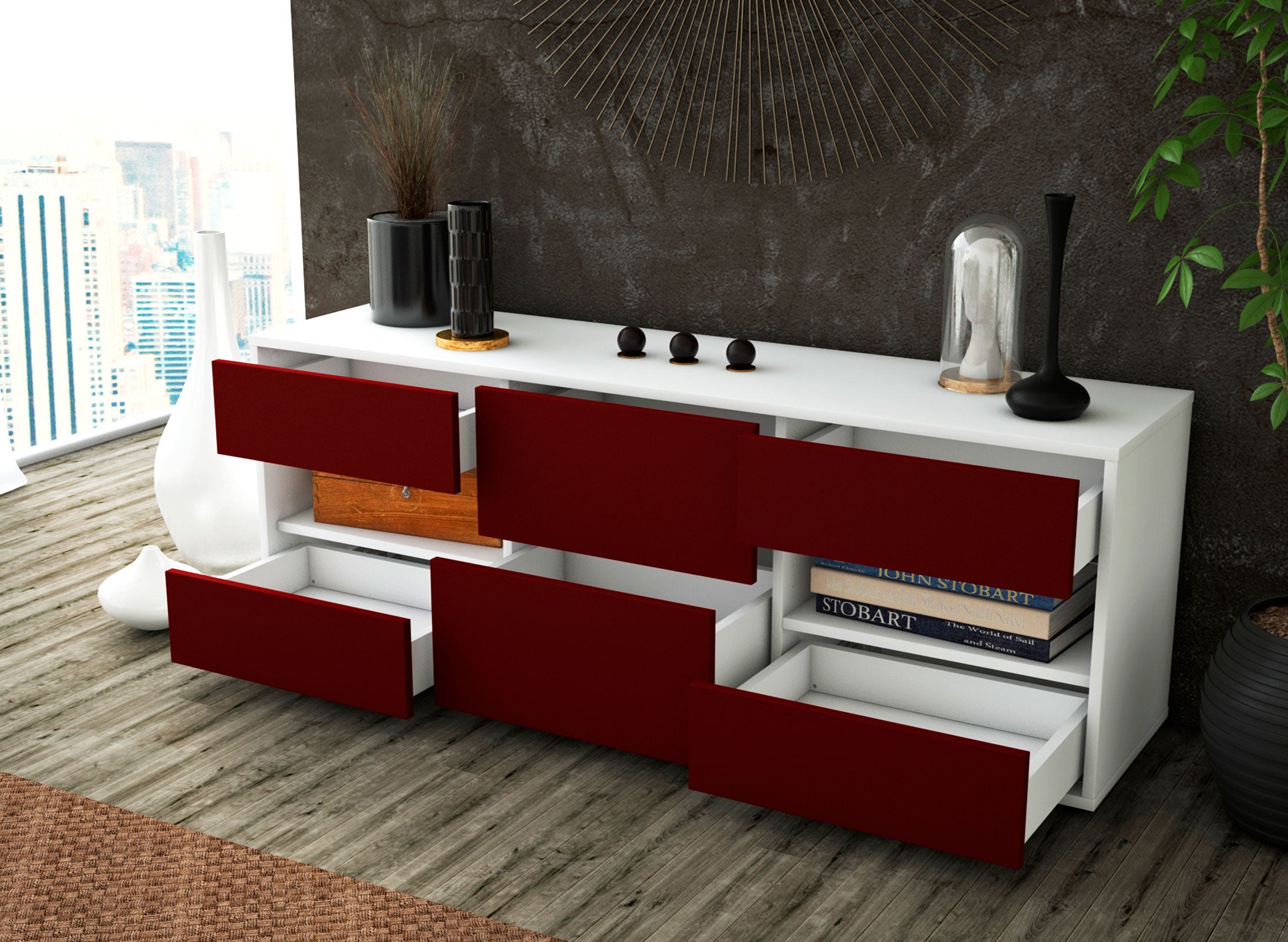 Lowboard - Anni - Design Farbakzent - Freistehend mit Push to Open 136 cm Weiss