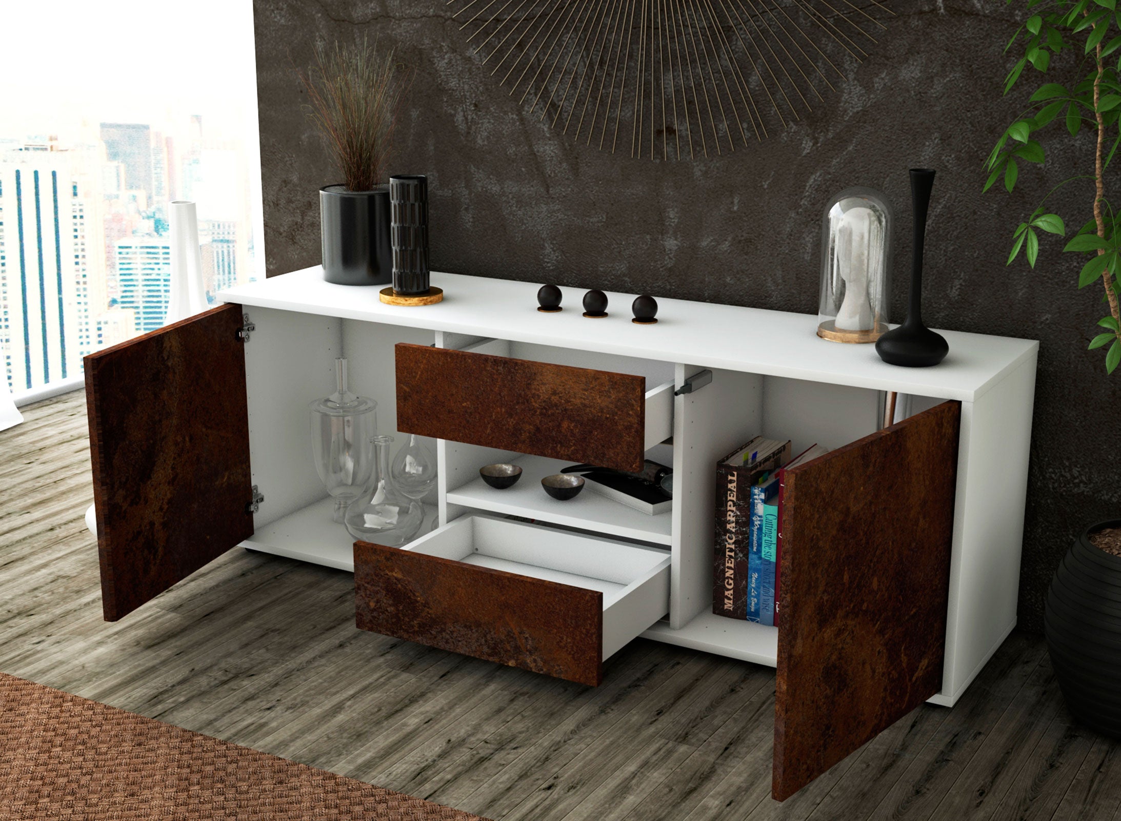 Lowboard - Antonella - Design Industrie Stil - Freistehend mit Push to Open 136 cm Weiss