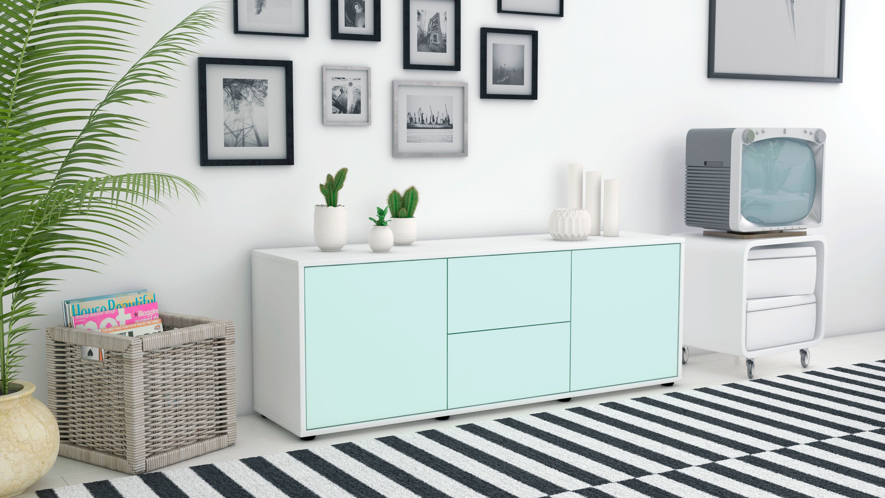 Lowboard - Alma - Design Farbakzent - Freistehend mit Push to Open 136 cm Weiss