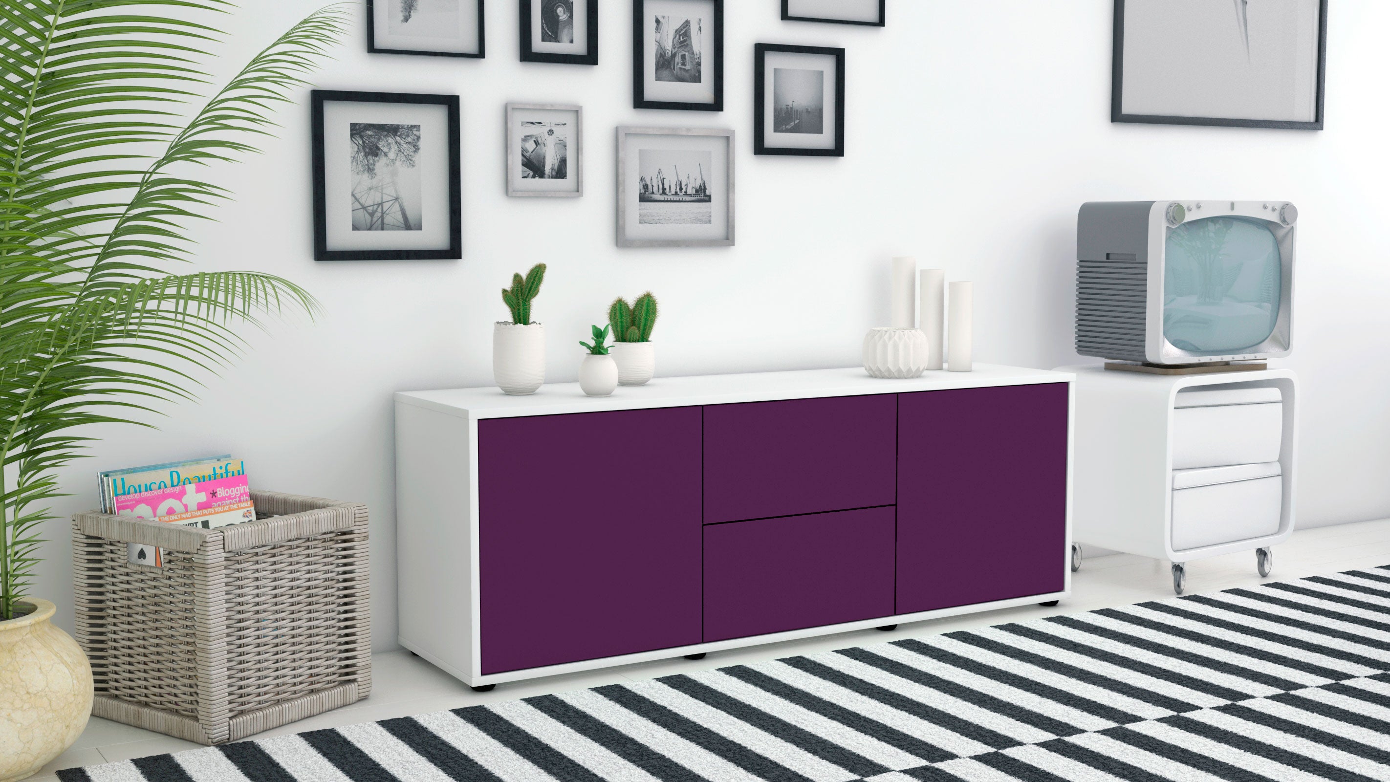 Lowboard - Alma - Design Farbakzent - Freistehend mit Push to Open 136 cm Weiss