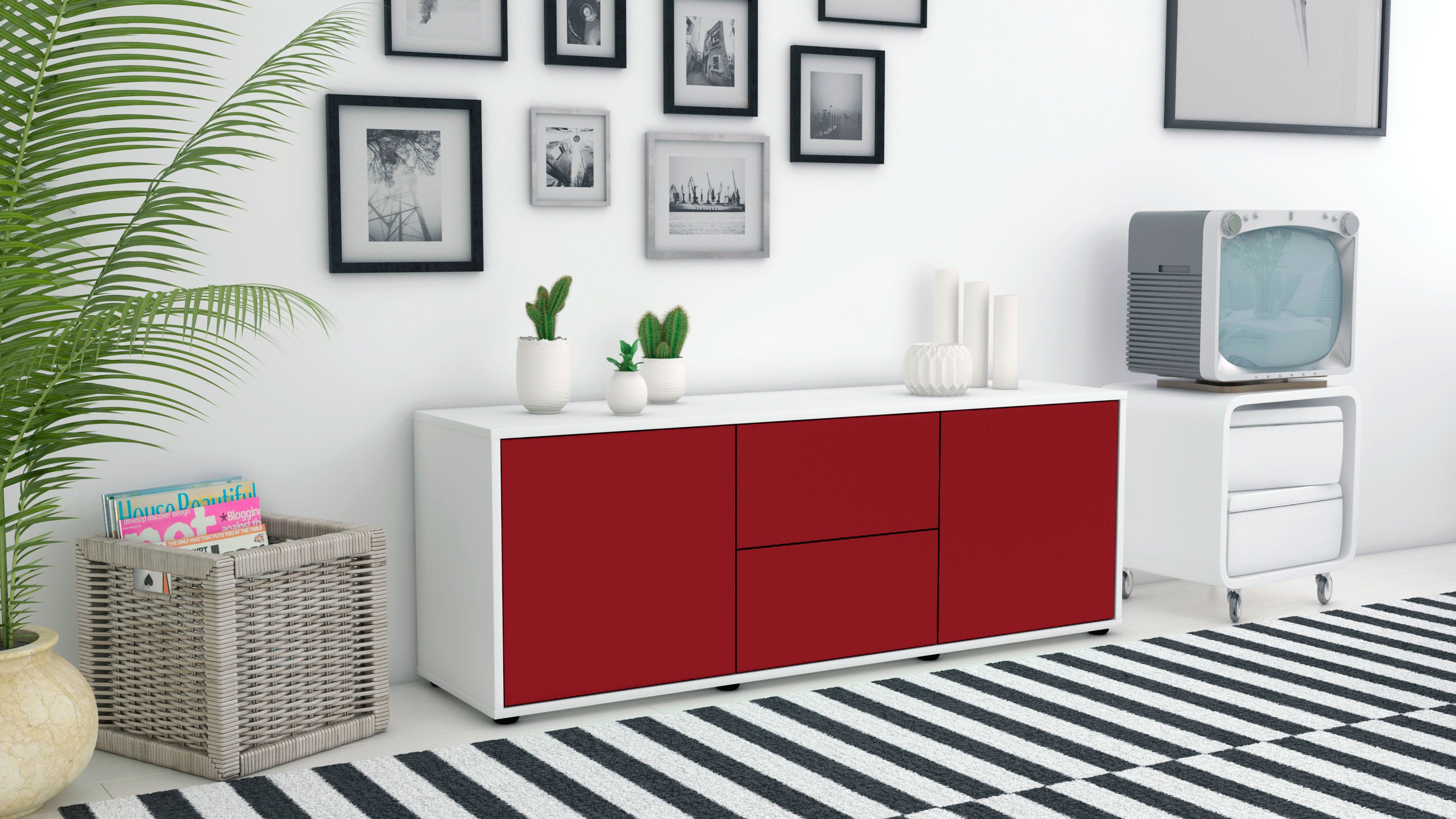 Lowboard - Alma - Design Farbakzent - Freistehend mit Push to Open 136 cm Weiss