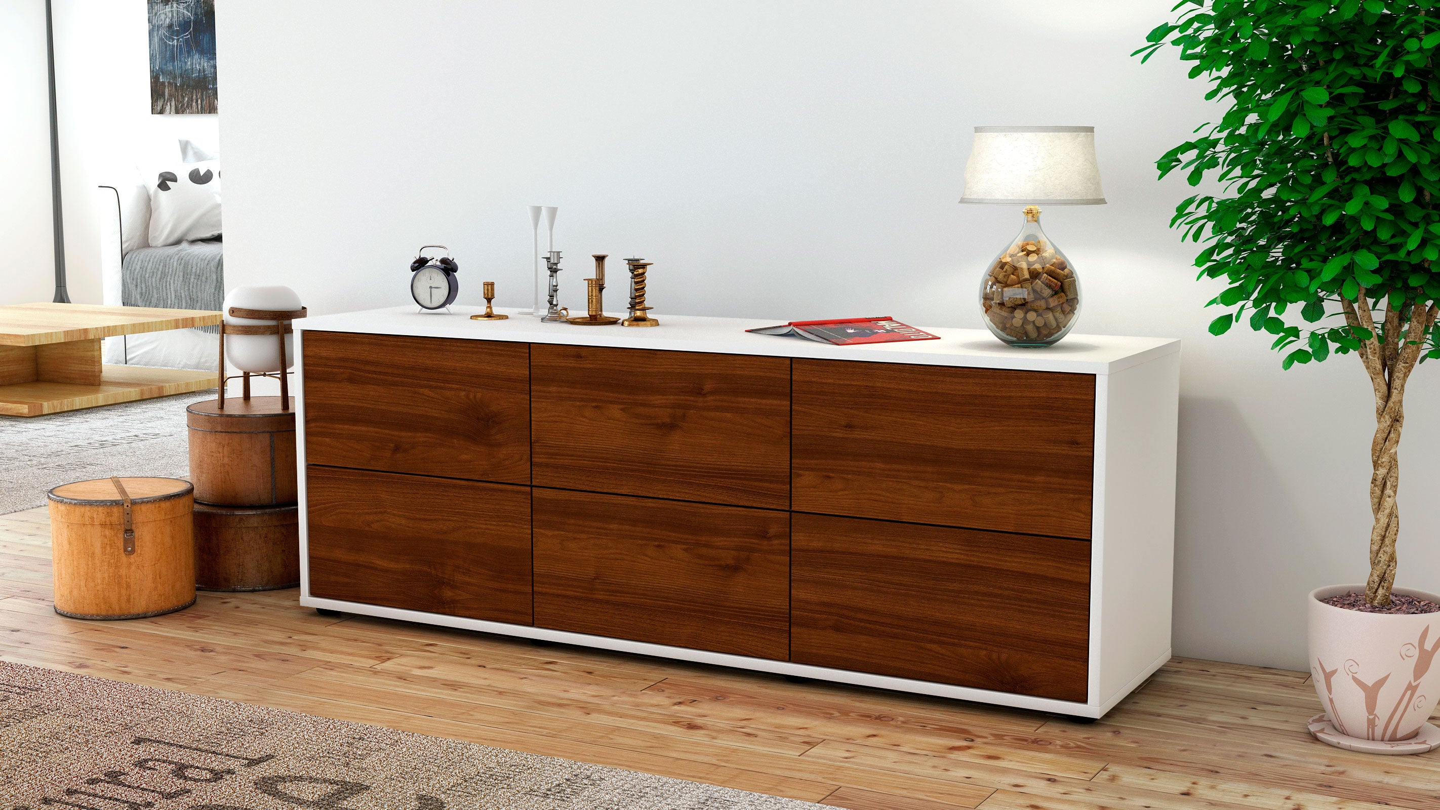 Lowboard - Alva - Design Holzdekor - Freistehend mit Push to Open 136 cm Weiss