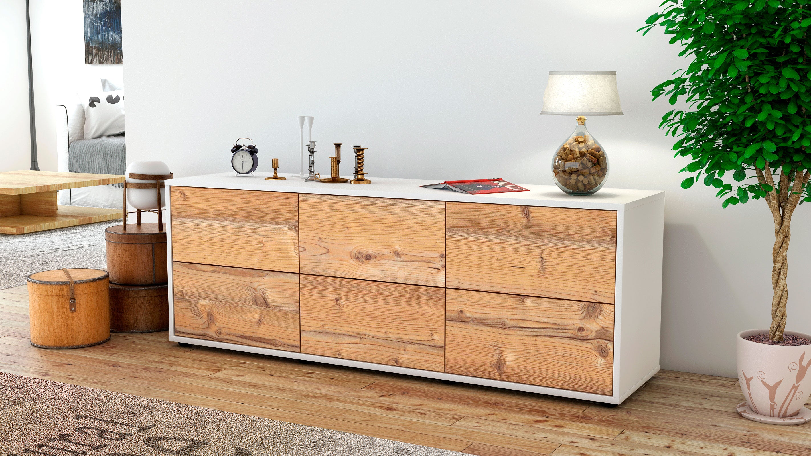 Lowboard - Alva - Design Holzdekor - Freistehend mit Push to Open 136 cm Weiss