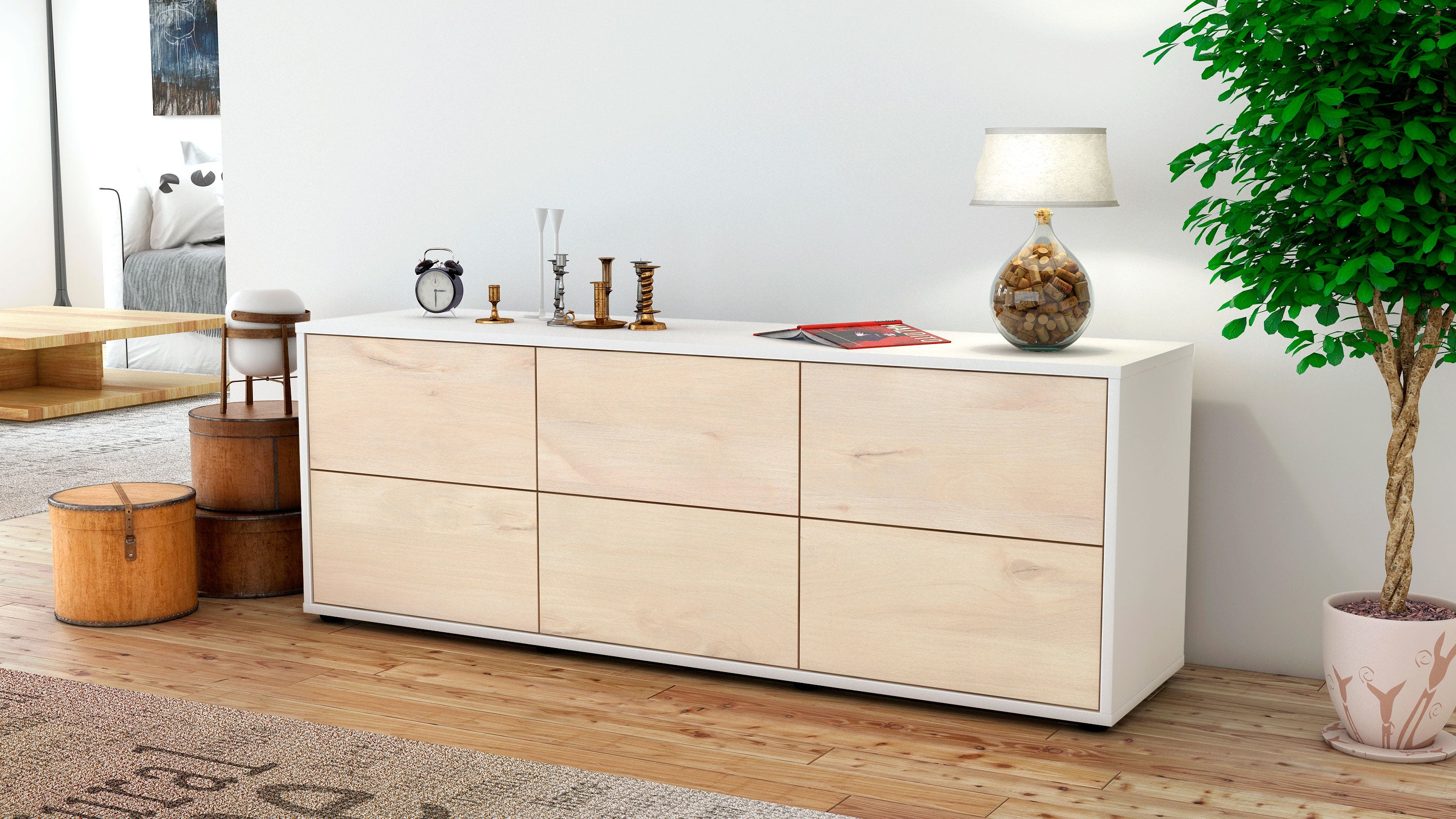 Lowboard - Alva - Design Holzdekor - Freistehend mit Push to Open 136 cm Weiss