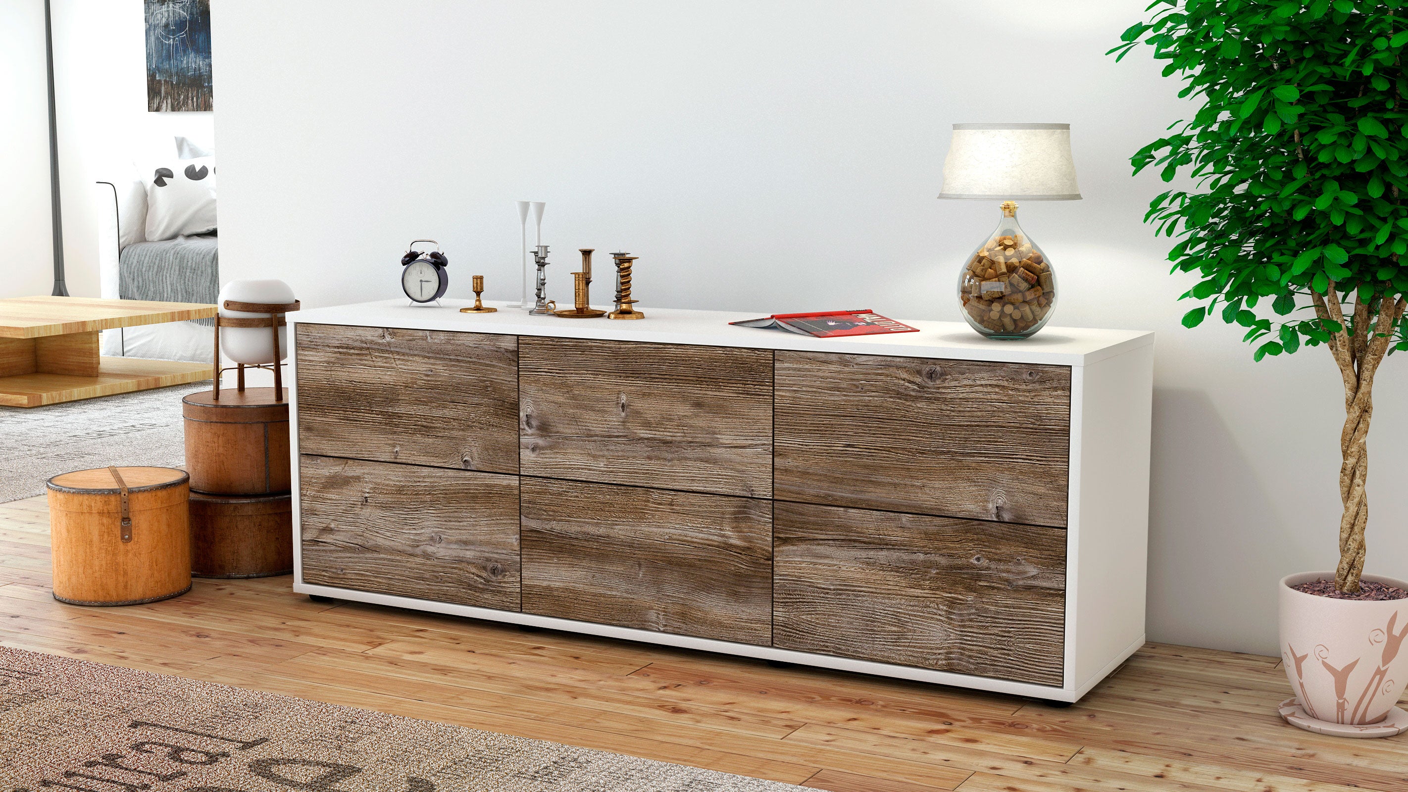 Lowboard - Alva - Design Holzdekor - Freistehend mit Push to Open 136 cm Weiss