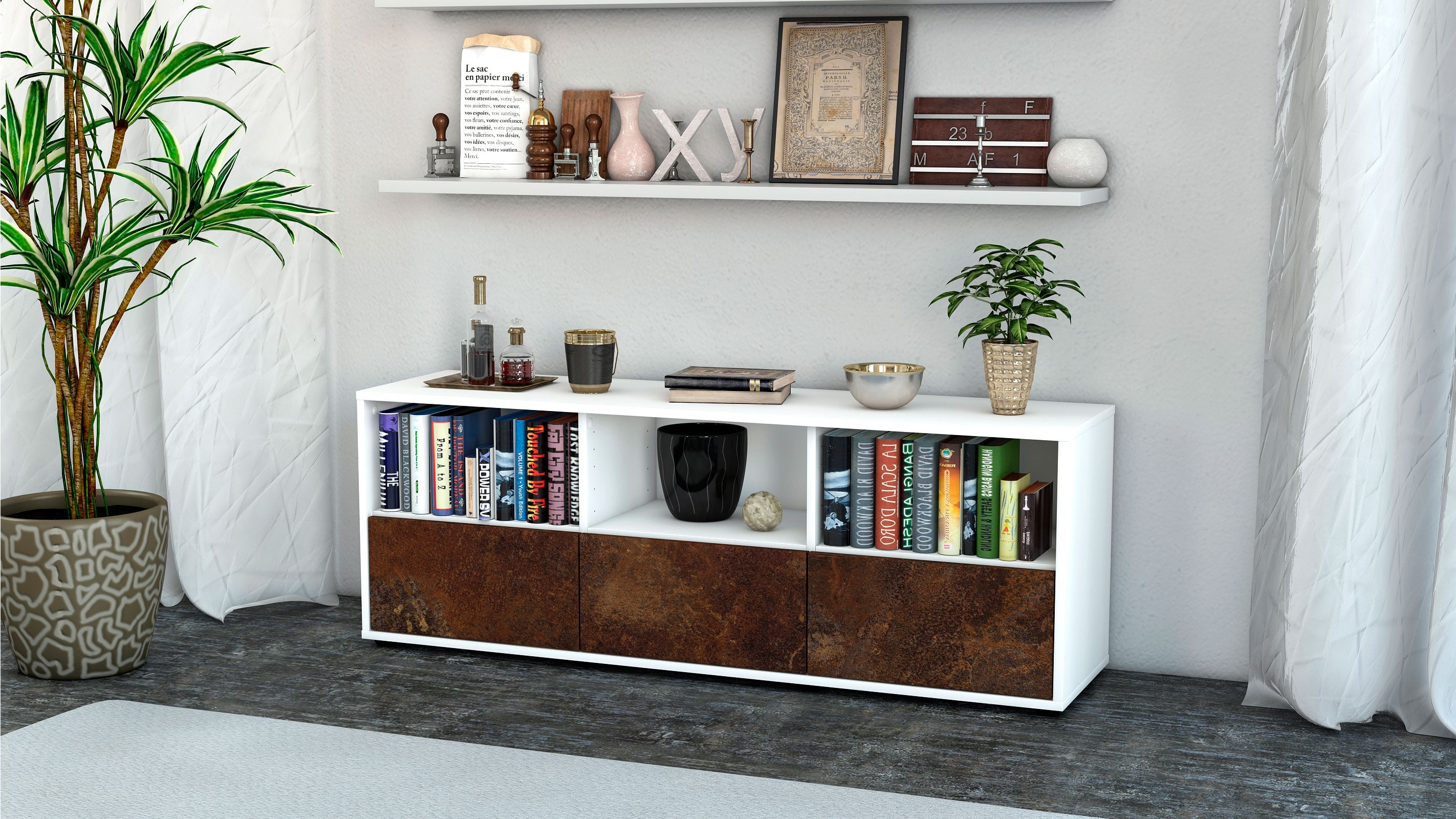 Lowboard - Amalia - Design Industrie Stil - Freistehend mit Push to Open 136 cm Weiss