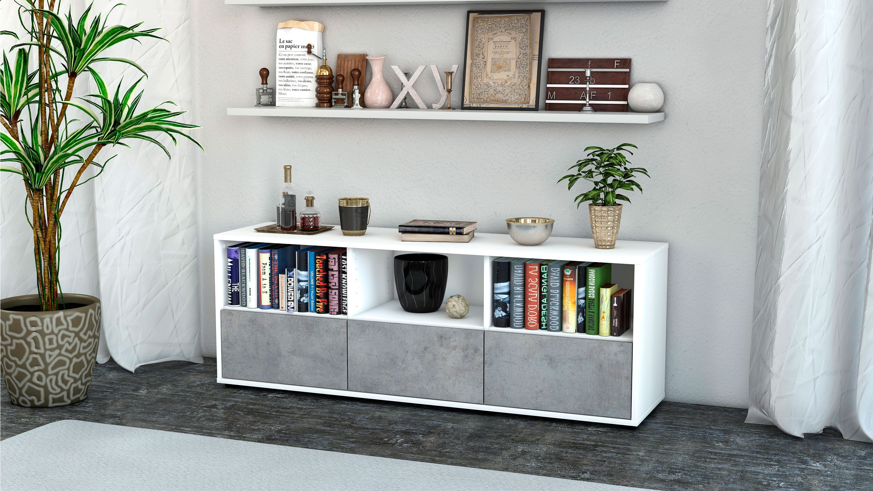 Lowboard - Amalia - Design Industrie Stil - Freistehend mit Push to Open 136 cm Weiss