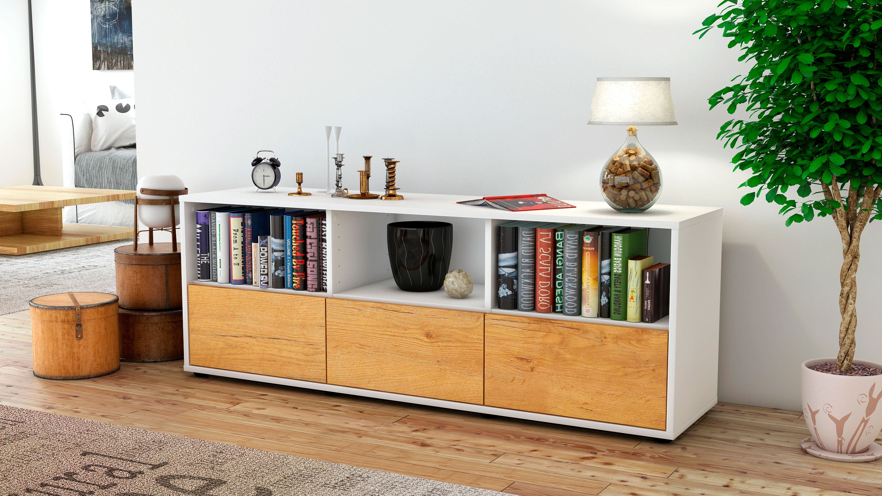 Lowboard - Amalia - Design Holzdekor - Freistehend mit Push to Open 136 cm Weiss