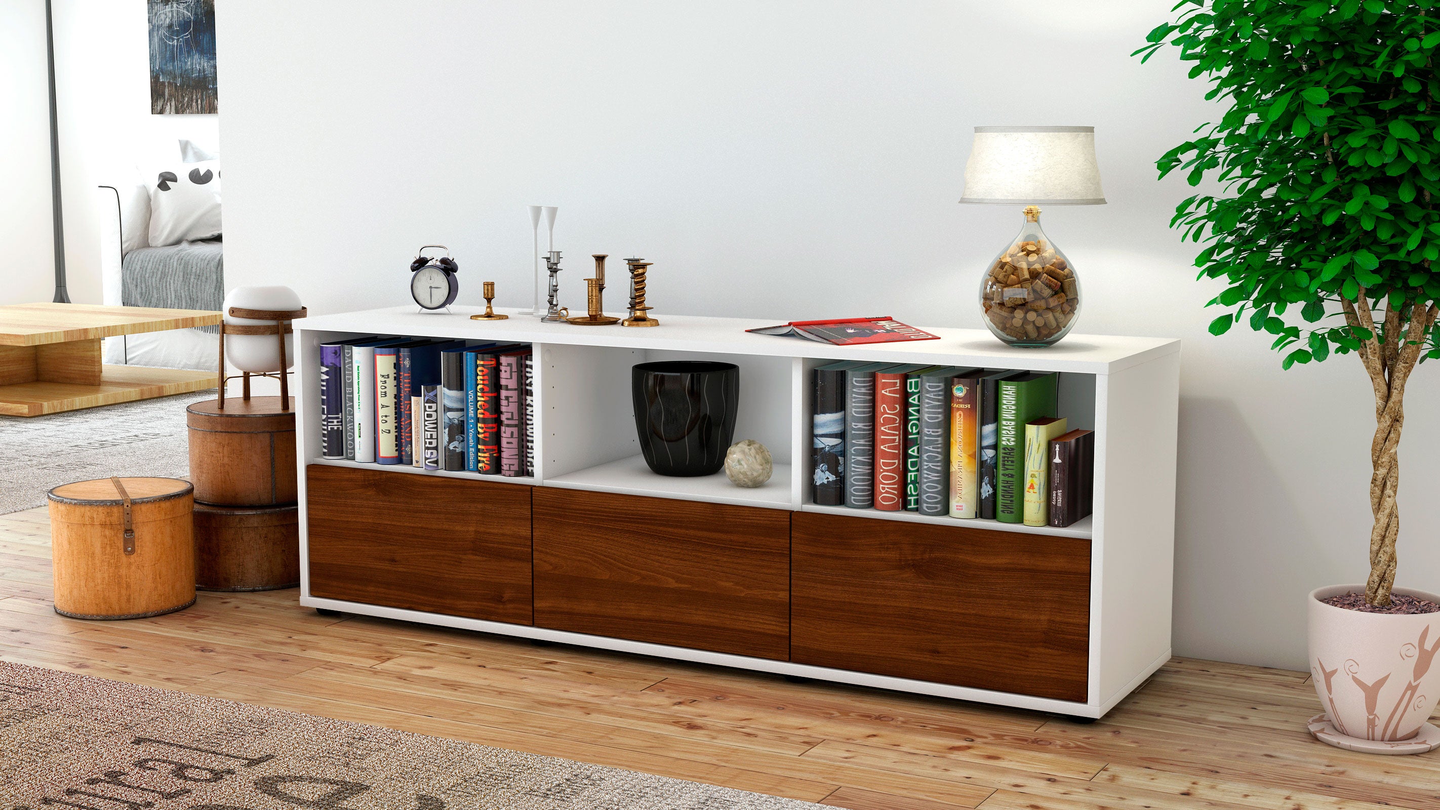 Lowboard - Amalia - Design Holzdekor - Freistehend mit Push to Open 136 cm Weiss