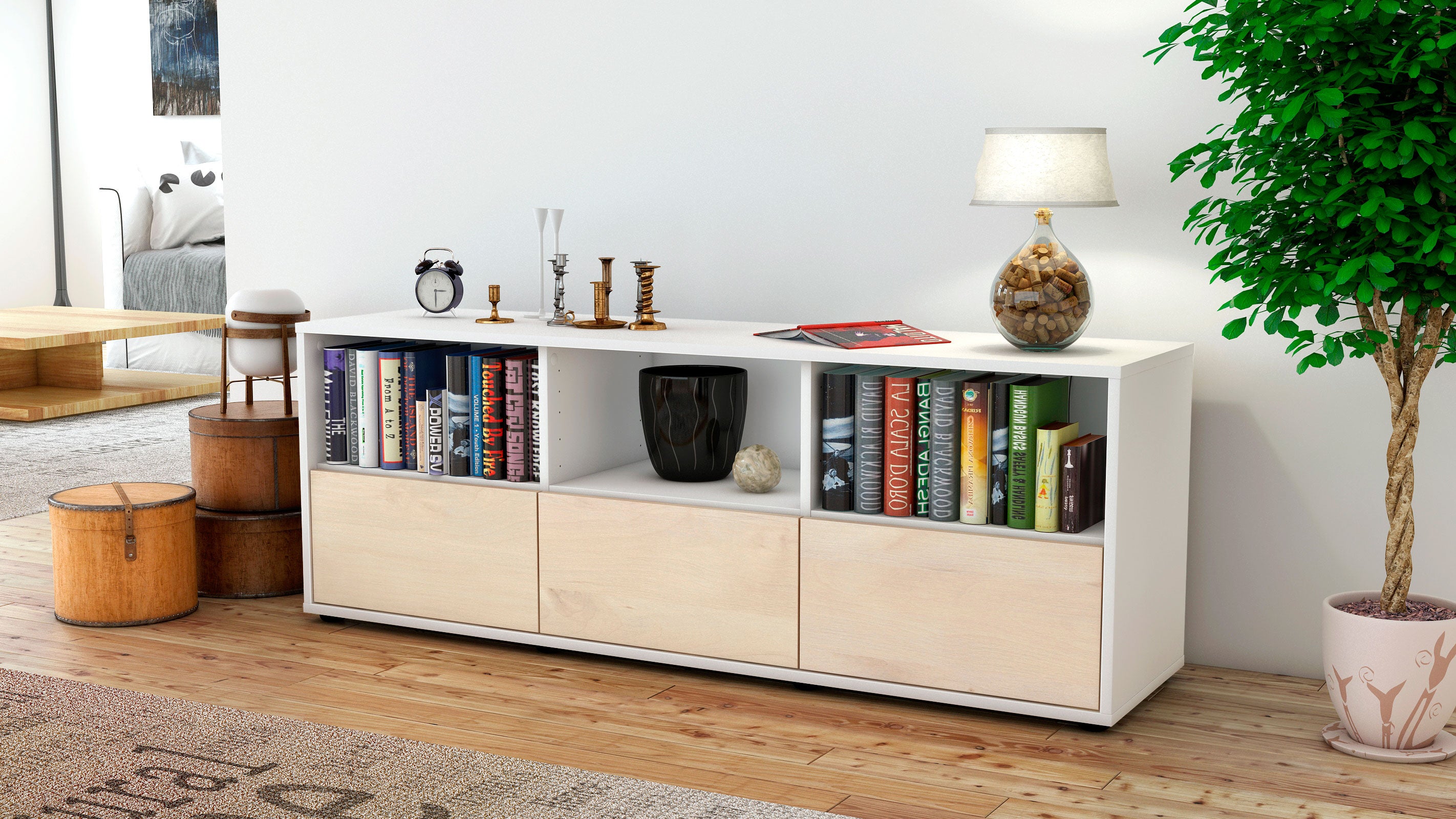 Lowboard - Amalia - Design Holzdekor - Freistehend mit Push to Open 136 cm Weiss