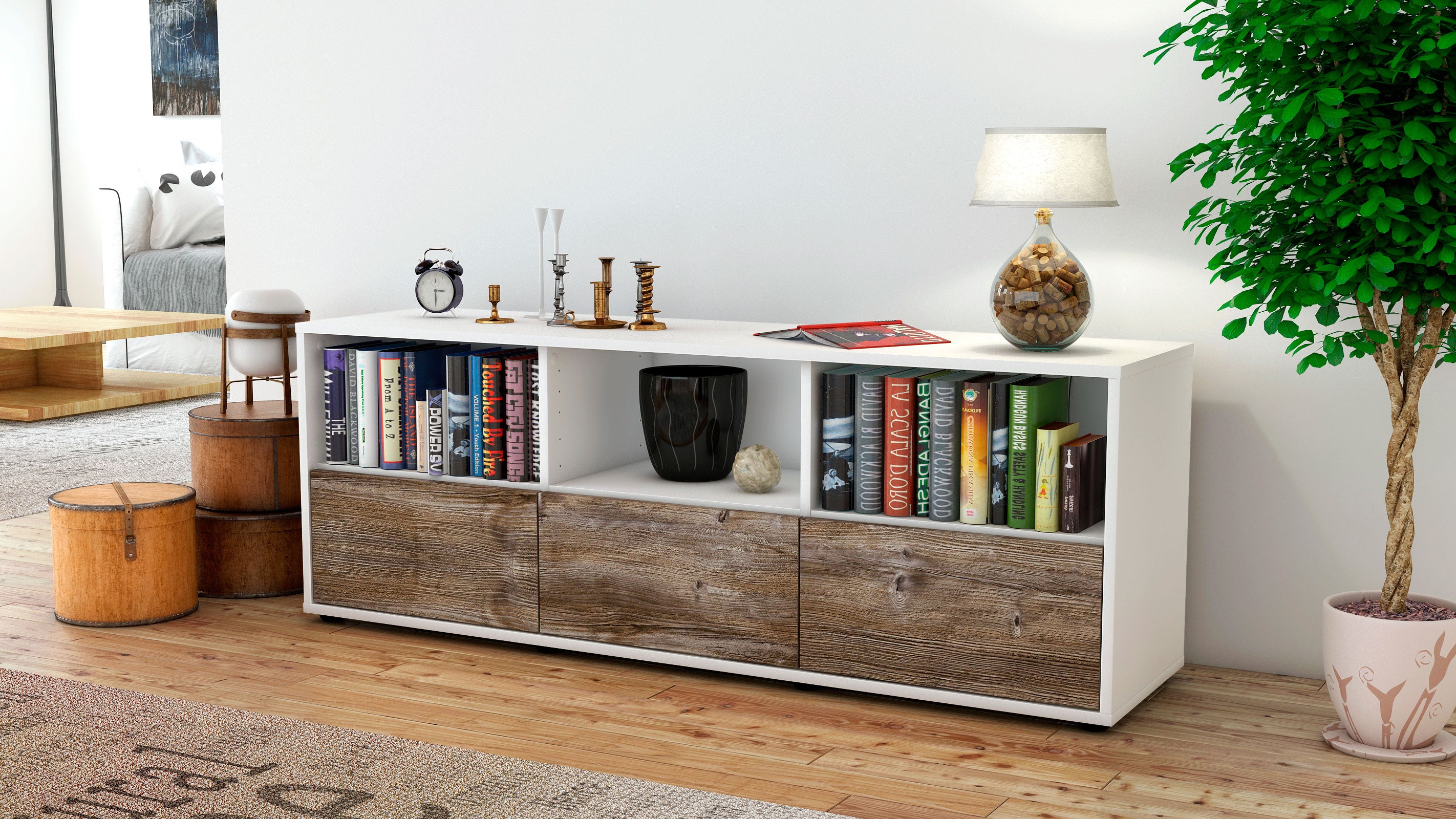 Lowboard - Amalia - Design Holzdekor - Freistehend mit Push to Open 136 cm Weiss