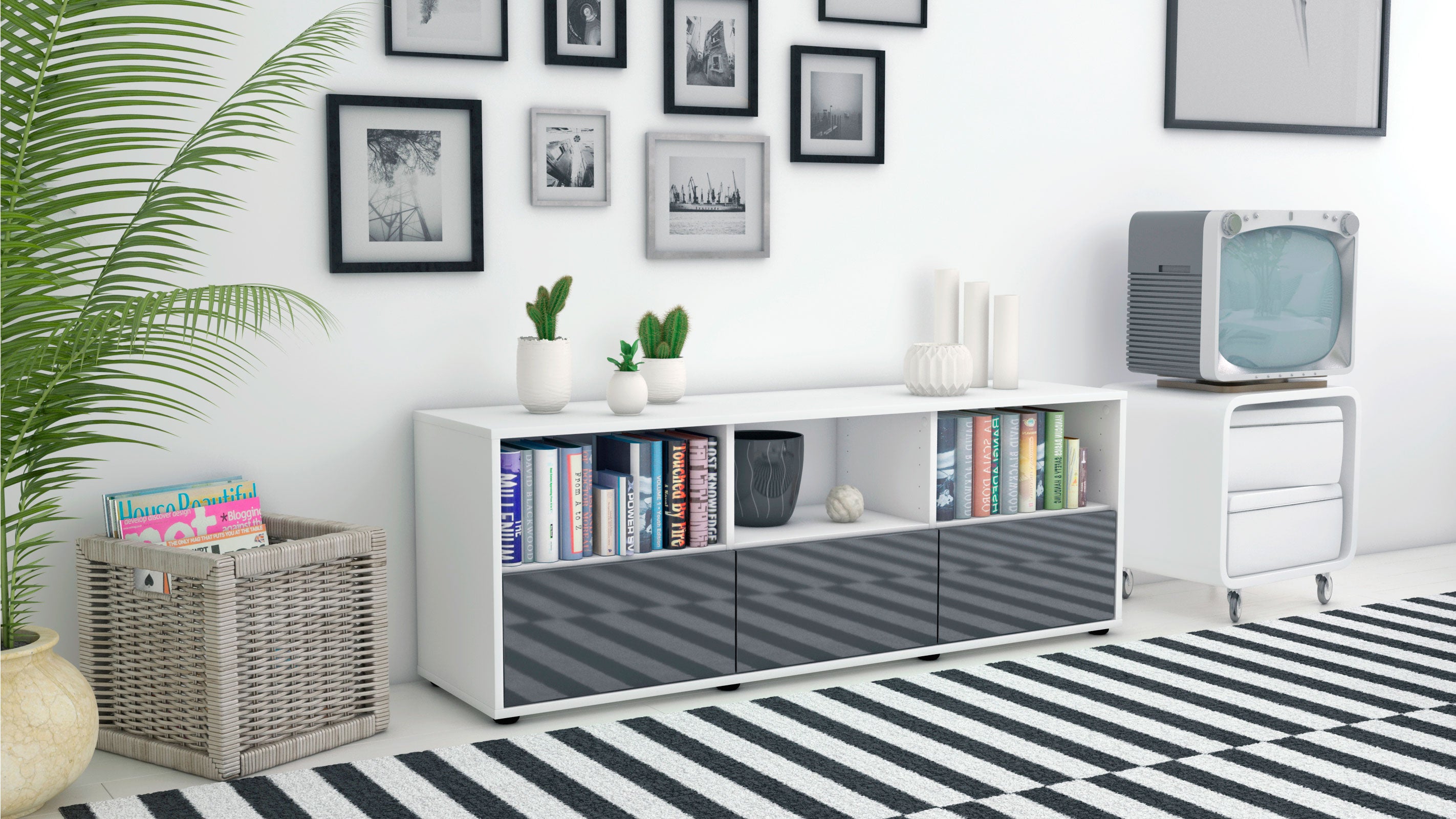 Lowboard - Amalia - Design Hochglanz - Freistehend mit Push to Open 136 cm Weiss