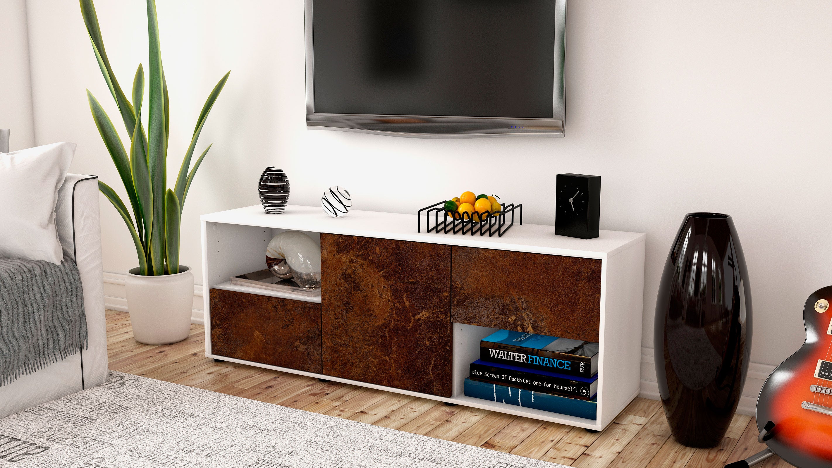 Lowboard - Ambra - Design Industrie Stil - Freistehend mit Push to Open 136 cm Weiss