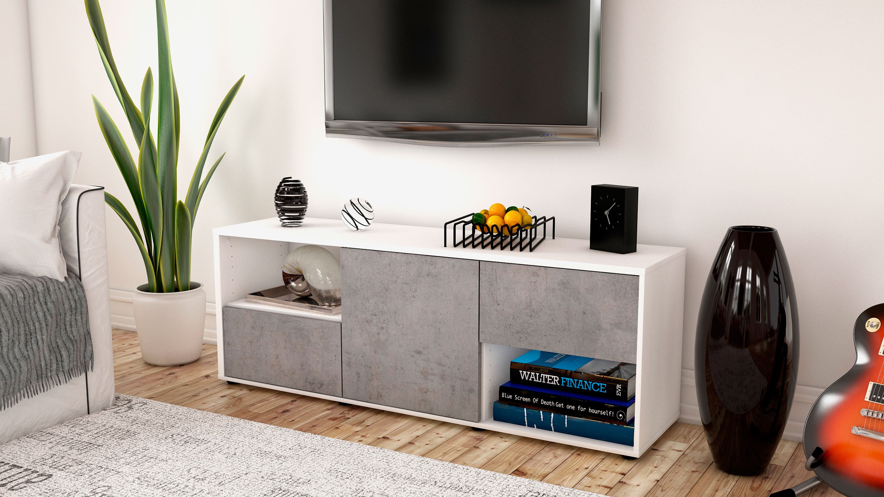 Lowboard - Ambra - Design Industrie Stil - Freistehend mit Push to Open 136 cm Weiss