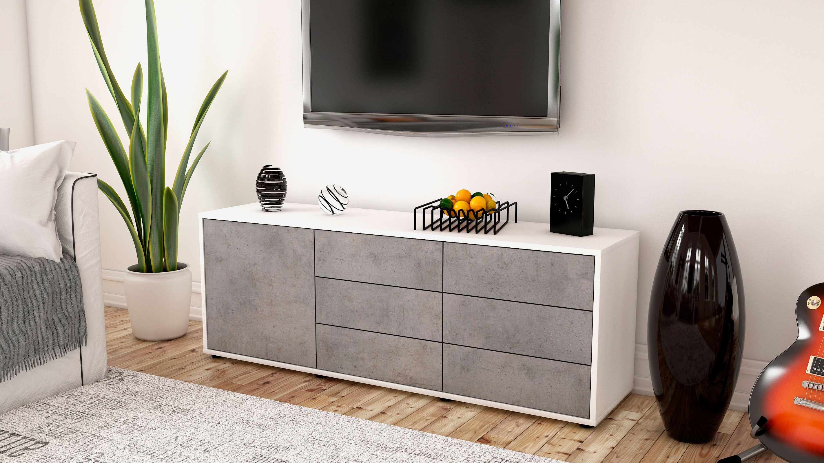 Lowboard - Amedea - Design Industrie Stil - Freistehend mit Push to Open 136 cm Weiss