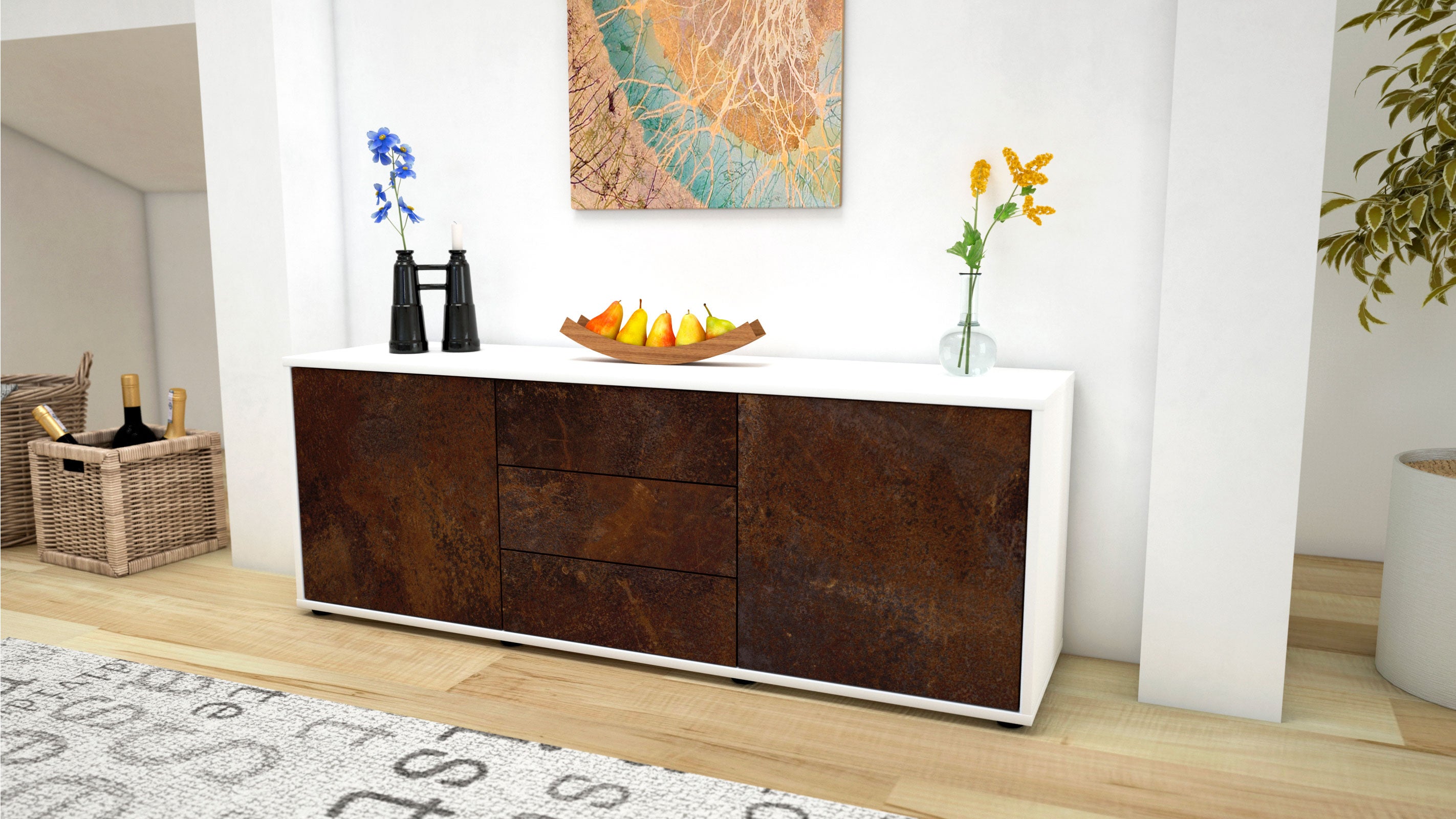 Lowboard - Ameline - Design Industrie Stil - Freistehend mit Push to Open 136 cm Weiss