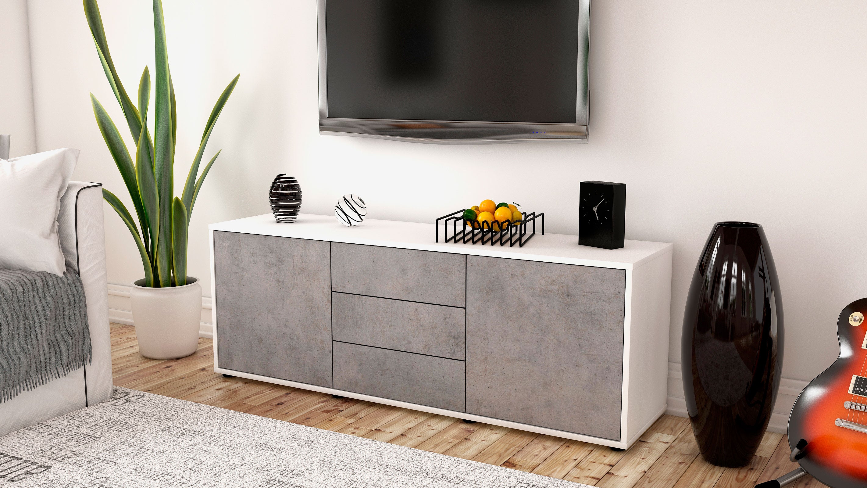 Lowboard - Ameline - Design Industrie Stil - Freistehend mit Push to Open 136 cm Weiss