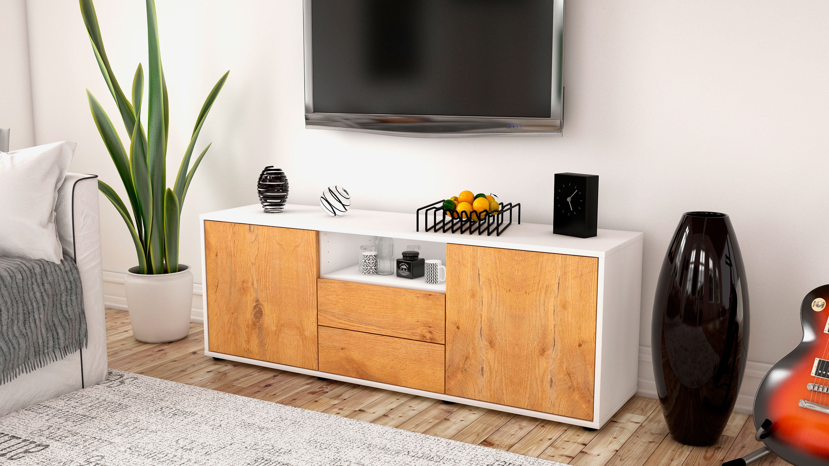 Lowboard - Ameriga - Design Holzdekor - Freistehend mit Push to Open 136 cm Weiss