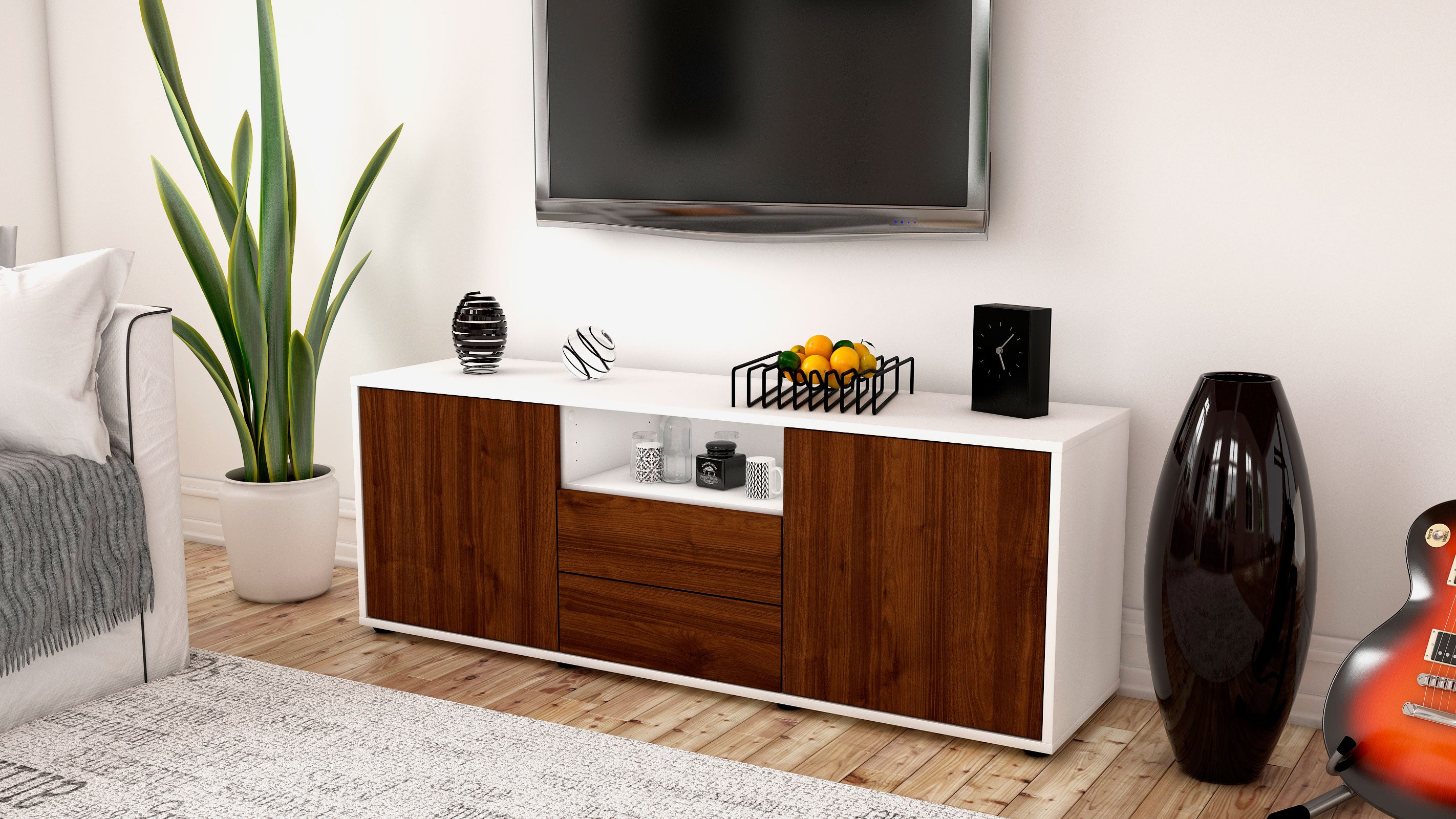 Lowboard - Ameriga - Design Holzdekor - Freistehend mit Push to Open 136 cm Weiss