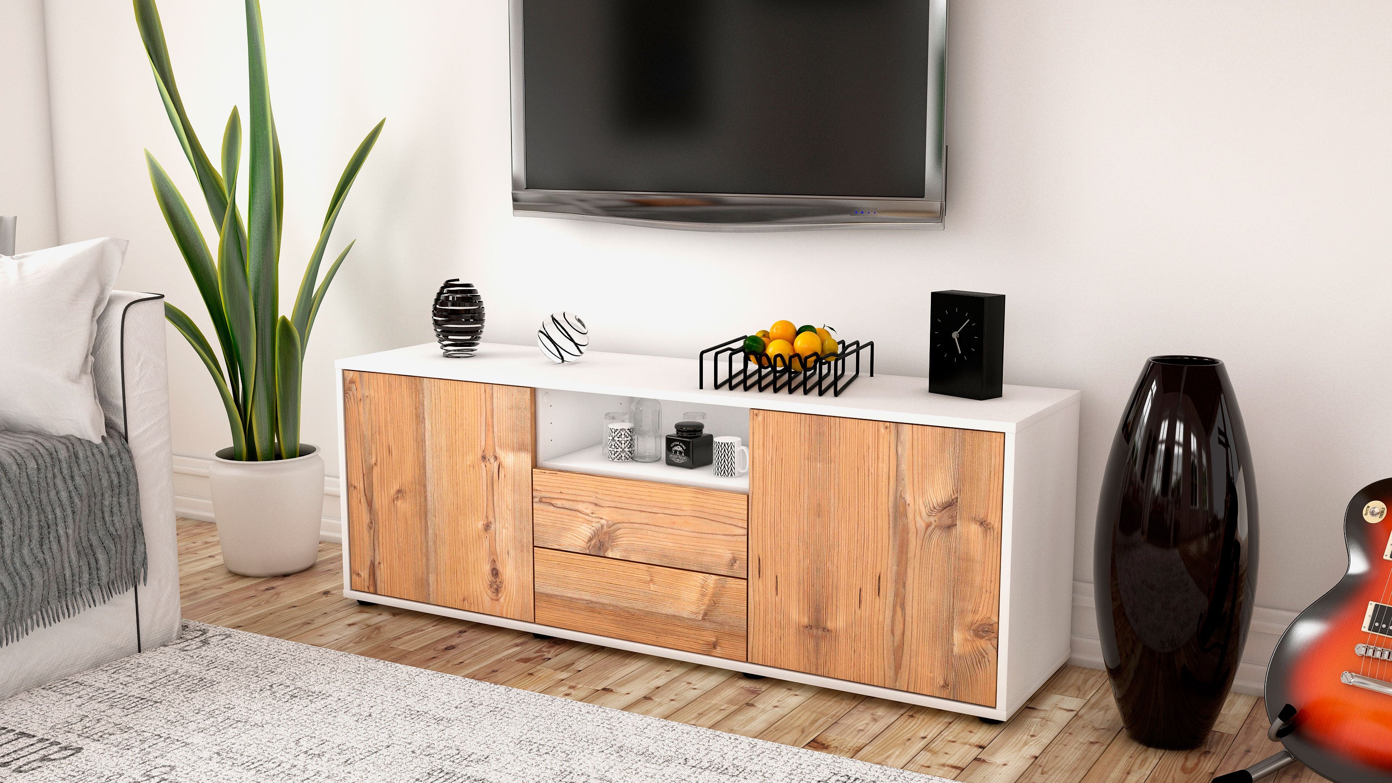 Lowboard - Ameriga - Design Holzdekor - Freistehend mit Push to Open 136 cm Weiss