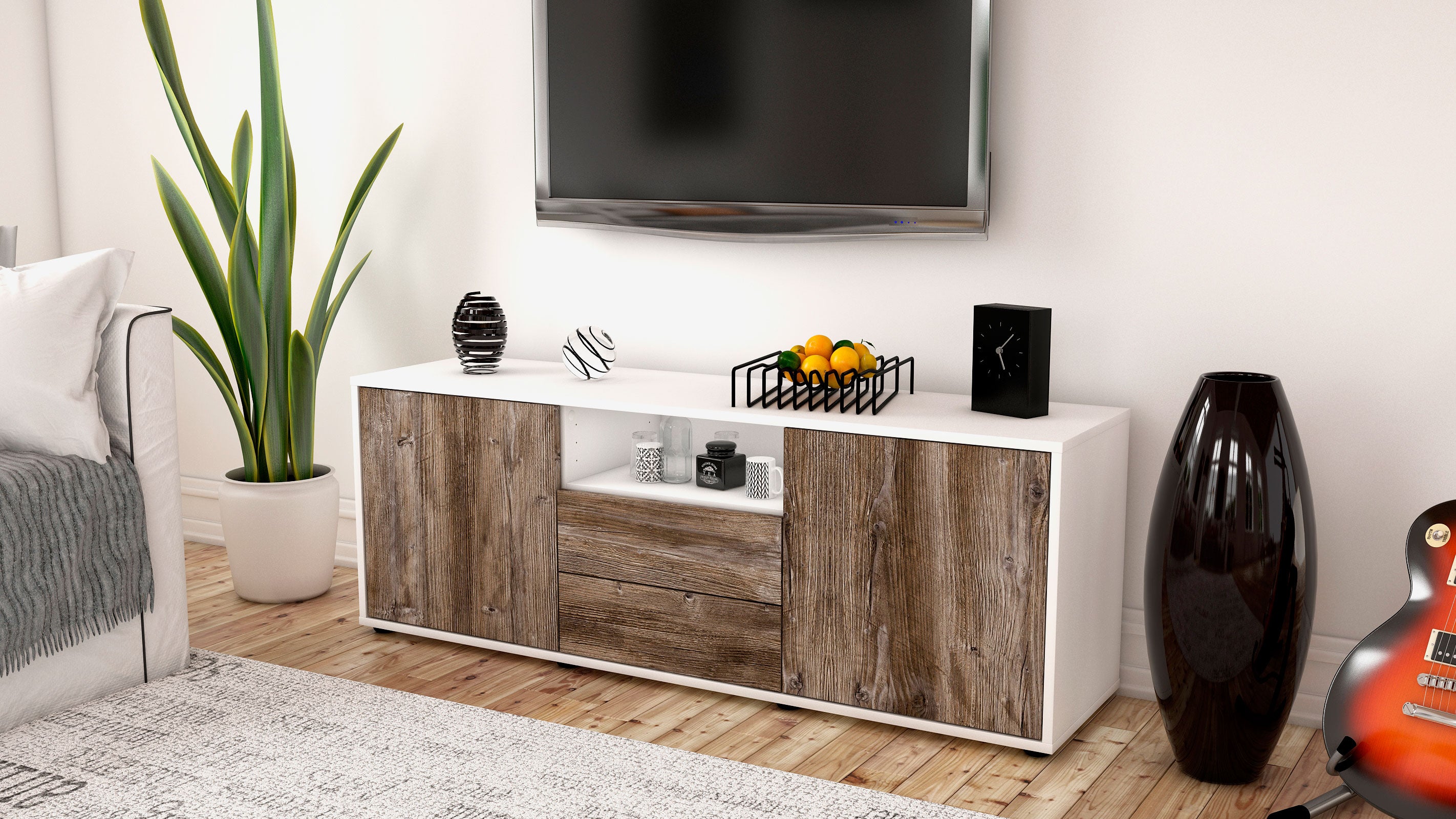 Lowboard - Ameriga - Design Holzdekor - Freistehend mit Push to Open 136 cm Weiss