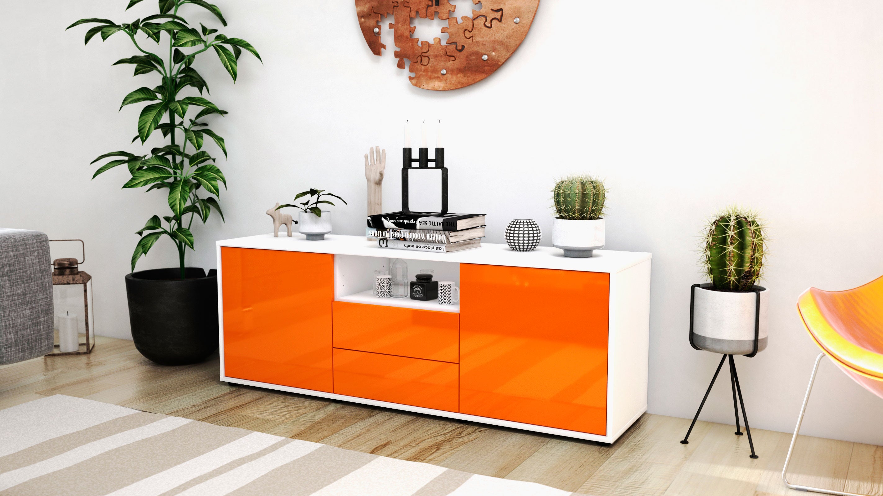 Lowboard - Ameriga - Design Hochglanz - Freistehend mit Push to Open 136 cm Weiss